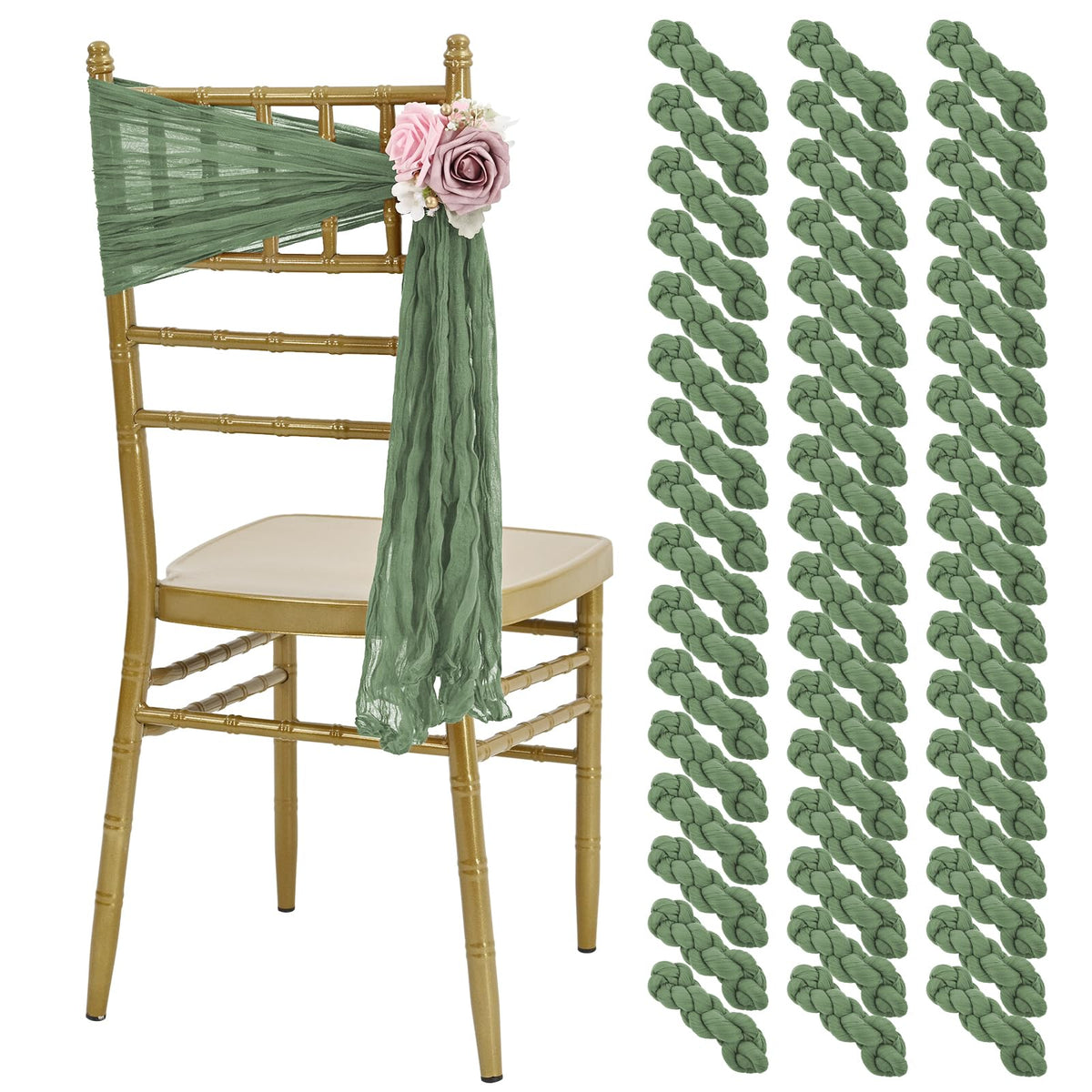 HNPSTBNO 50 PCS Cheesecloth Chair Sashes, Bows Designed ChairSashes, 15.7x70 inch Chair Sashes for Aisle Decorations Universal Chairs Cover Decoration for Wedding Reception Party Banquet (Sage Green)