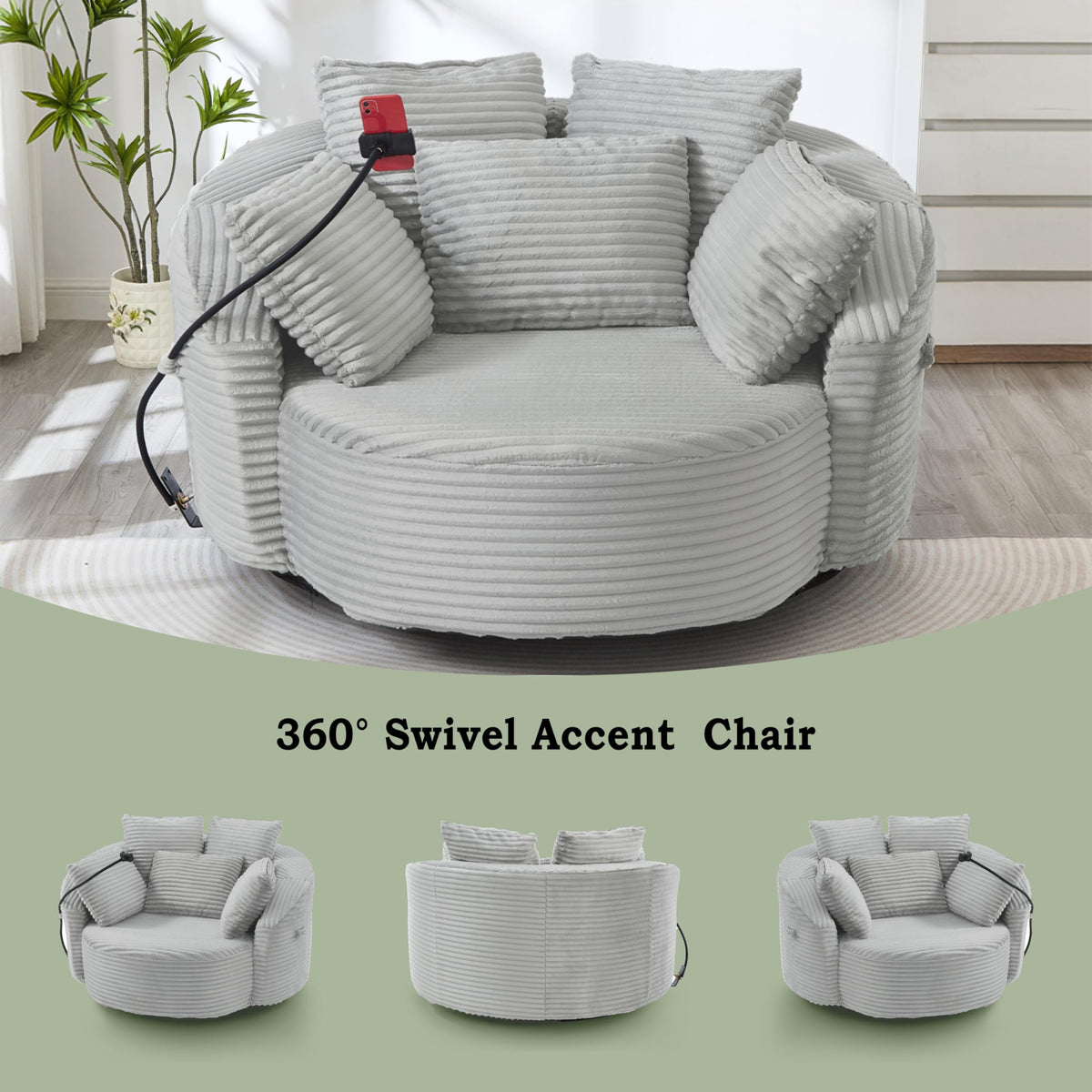 ERYE 360° Swivel Accent Barrel Chair Round Sofa Chaise with 5 Pillows and Adjustable Phone Holder, Modern Round Lazy Armchair for Living Room, Bedroom, Office and Hotel