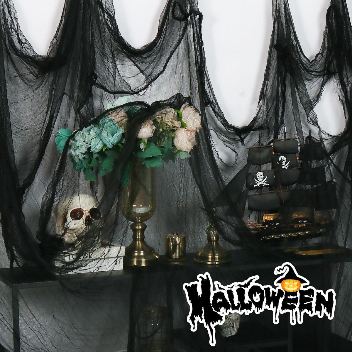 Bittesnew Halloween Creepy Cloth Black 200" x 80" Halloween Spooky Fabric Cloth, Halloween Gauze Cloth, Halloween Decorations Outdoor Indoor