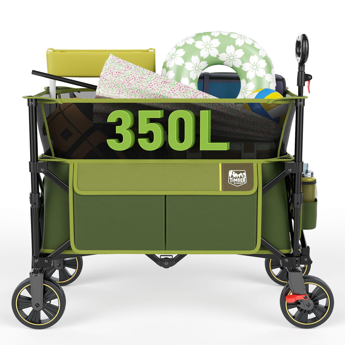 Timber Ridge Collapsible Folding Wagon 350L Extra Large with Brake, Heavy Duty Camping Utility Cart Outdoor, Extended Height Adjustable Handle, Cup Holders, Side Bag, Green