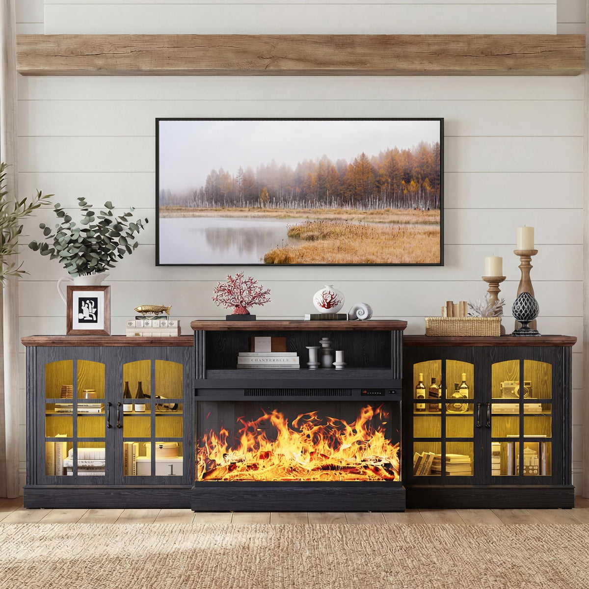 97" Farmhouse Fireplace TV Stand for TVs Up to 100", Entertainment Center with 36" 3-Sided Glass Electric Fireplace, 12 Flame Colors & LED Light Modes, Media Console for Living Room, Black