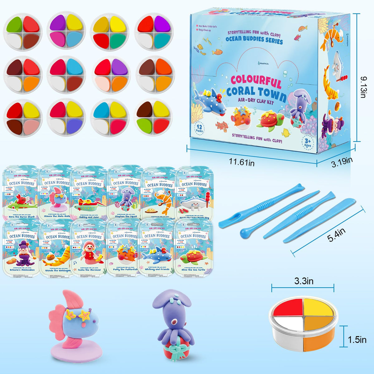 Ocean Buddies Air Dry Clay Kit for Kids - 12 Marine Animal Models with 4 Colors & Sculpting Tools, Ultra Light & Soft Modeling Clay Set, Non-Toxic DIY Arts and Crafts Gift for Boys & Girls Ages 3+