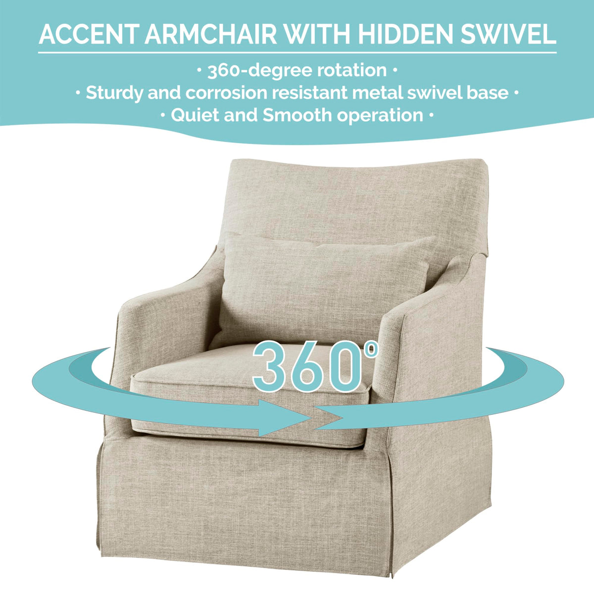 Martha Stewart London Swivel Chair - Solid Wood & Plywood, Skirted Metal Base Accent Armchair, Lumbar Pillow -Modern Classic Family Room Sofa Furniture Bedroom Lounge, 28"X31.5"X35.25", Beige Multi