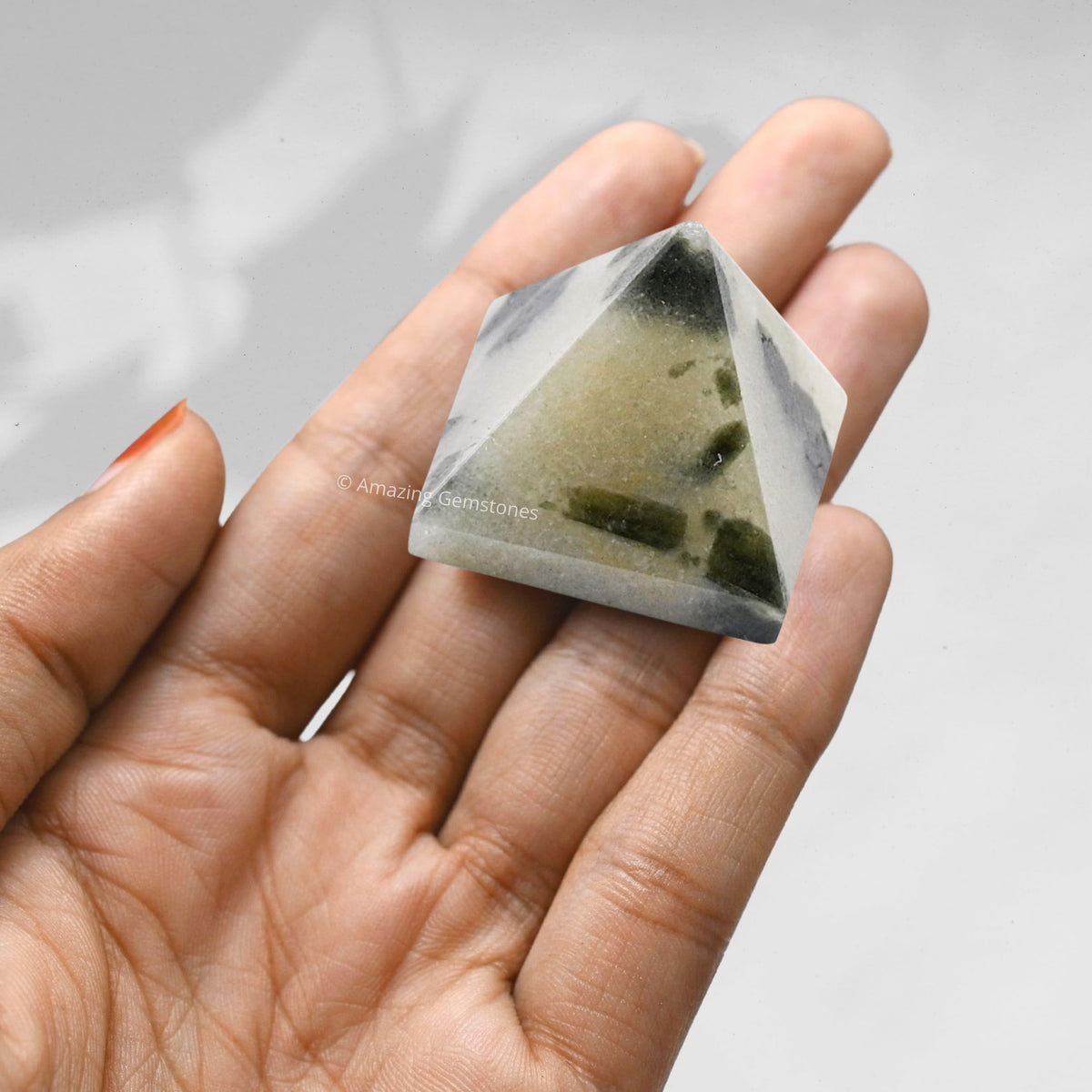 Amazing Gemstone Green Tourmaline in Quartz Pyramid Crystal Healing Stones - 1" Great Pyramid Figurine of Natural Stone Pyramid for Meditation, Reiki, Chakra Balancing and Crystal Pyramids Grid