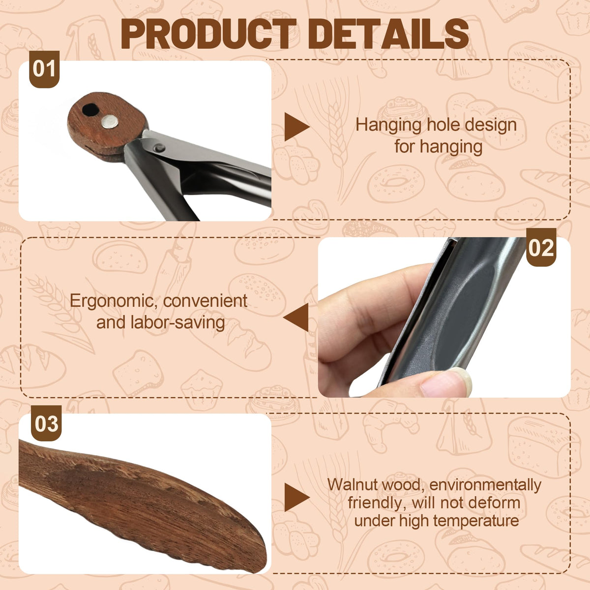 Wooden Tongs for Cooking, Multi-Purpose for Tossing Salads, Grilling, Flipping Food & Serving Bread - Strong Grip Walnut Wood Tips, Heat Resistant & Non-Deforming (12inch)