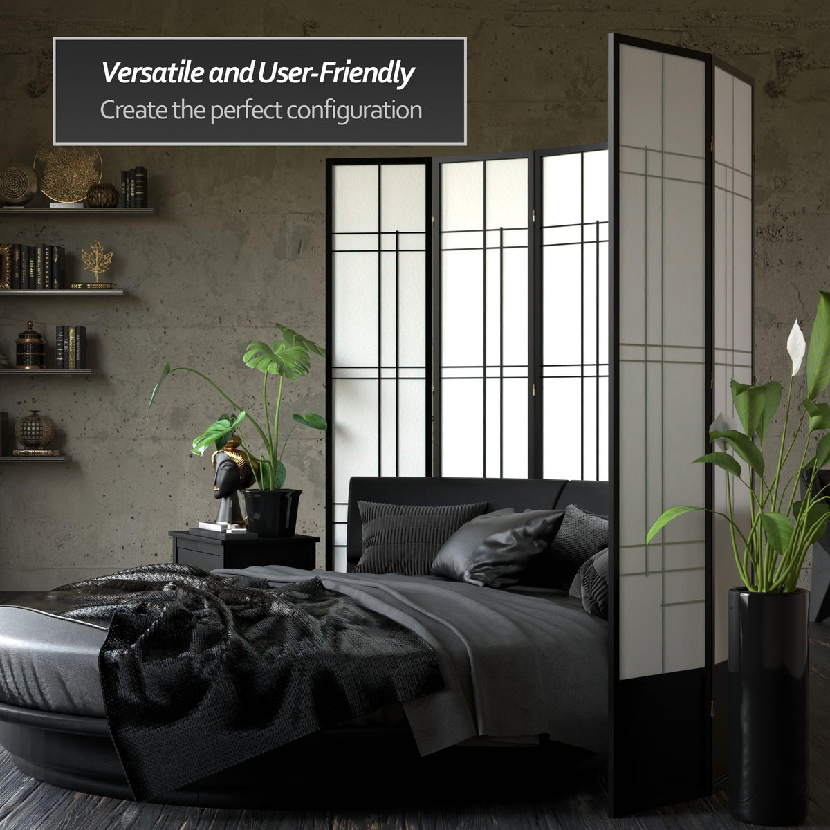 Red Lantern 7 ft. Tall Eudes Shoji Screen - Black - 5 Panels