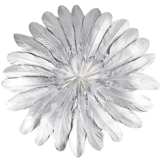 FeelfunFeather 120pcs Silver Goose Feathers 6-8 Inch 15-20cm Decorative Natural Goose Nagoire Feather Bulk for DIY Crafts Cosplay Wedding Party Christmas Halloween Home Decoration