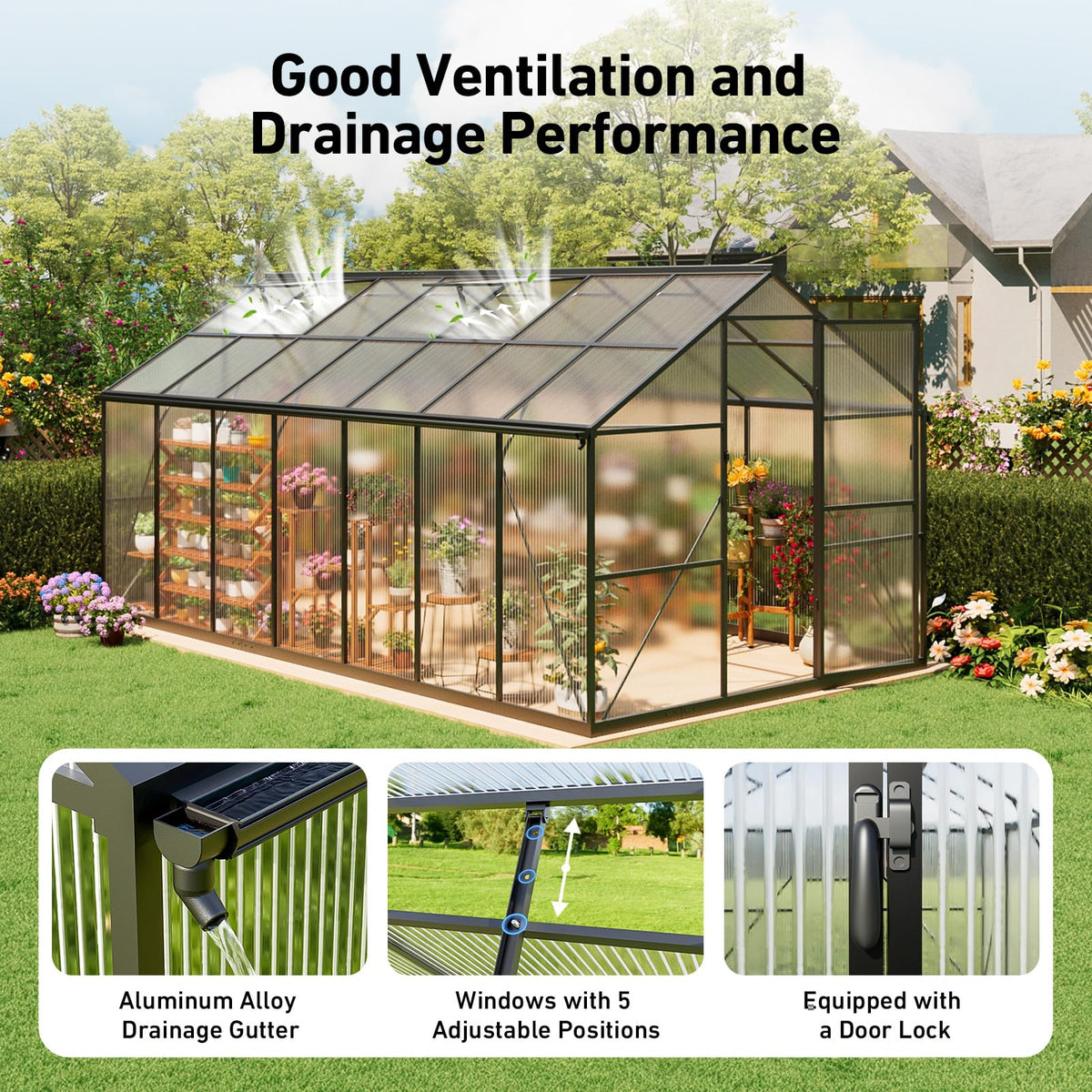 SYLVIERA 8x14FT Walk-in Greenhouse with Hygrometer,Polycarbonate Green House with UV Protection, Heavy Duty Greenhouse with Windproof Aluminum Frame, Roof Vent & Quick-Install Design