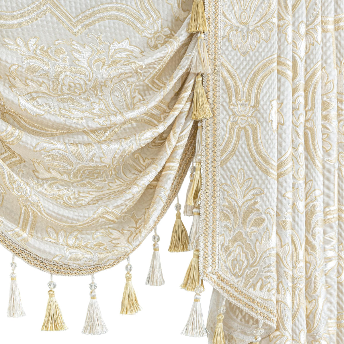 Loom and Mill European Elegant Waterfall Valance for Living Room, Luxury Jacquard Frame Swag Valances with Tassels, Beige Gold Floral Swag Curtains for Bedroom Window Holiday Decor(W59 Inch,1 Panel)