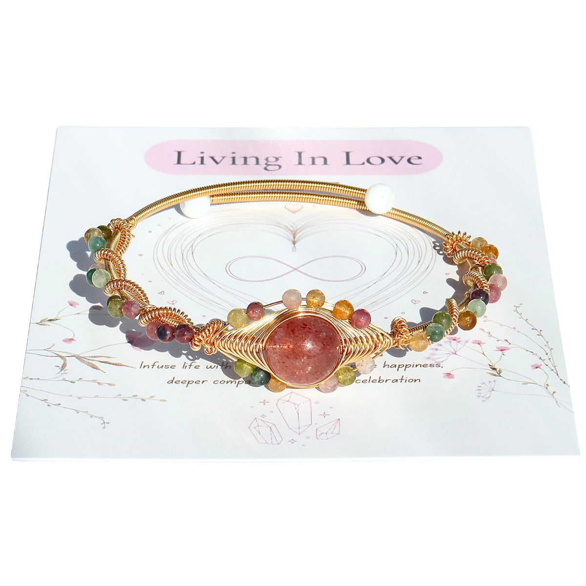 Handmade Genuine Strawberry Rose Quartz& Rainbow Tourmaline Beads 14k Gold Filled Wire Wrapped Bracelet, Birthstone Chakra Healing Gemstone Crystal Adjustable Bangle Cuff Jewelry Gift for Women