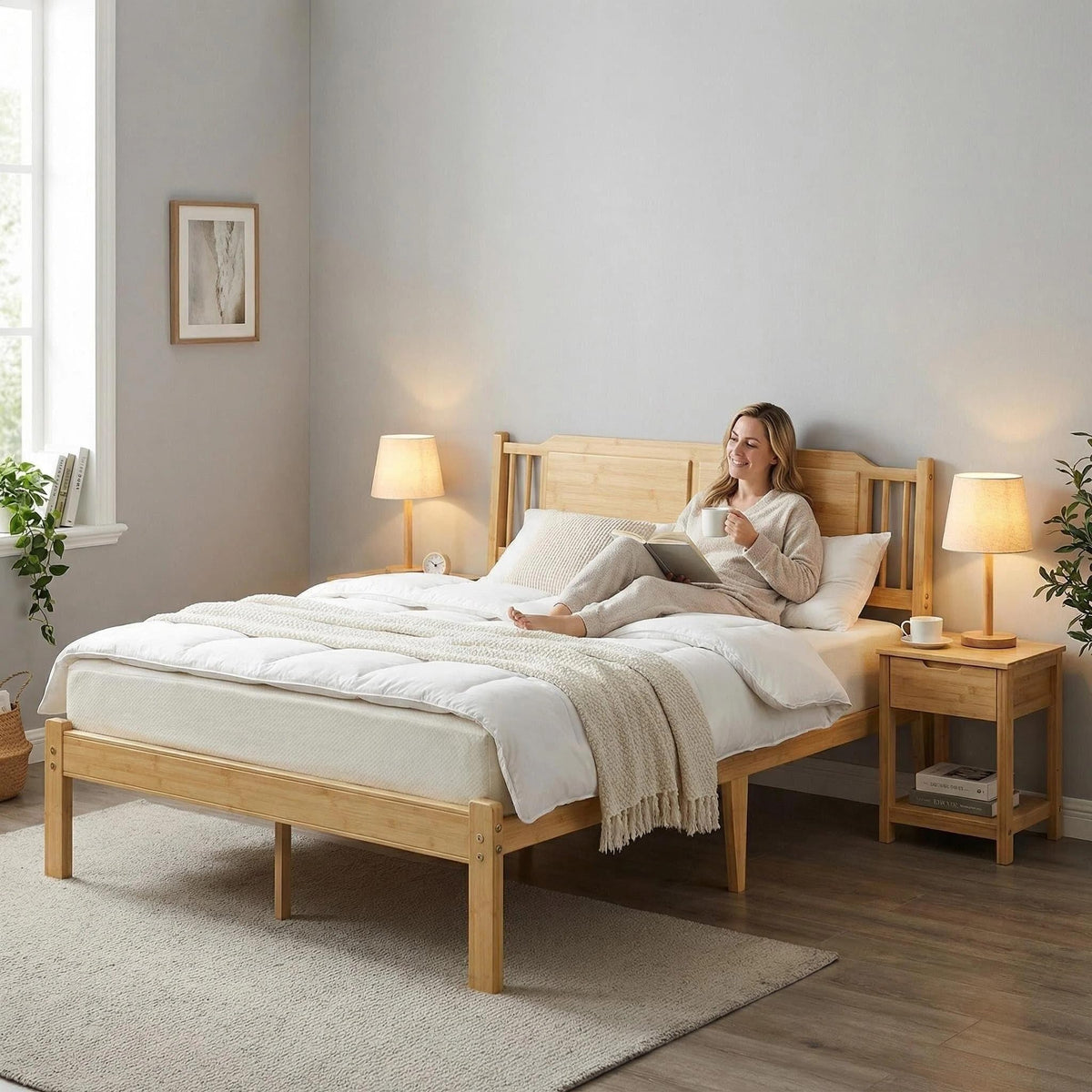 Askeld Bamboo Queen Bed Frame with Headboard, 14 inch Wood Platform Bed Frames Queen Size No Box Spring Needed, Rustic Farmhouse Heavy Duty Bedframe Noise Free, Easy Assembly