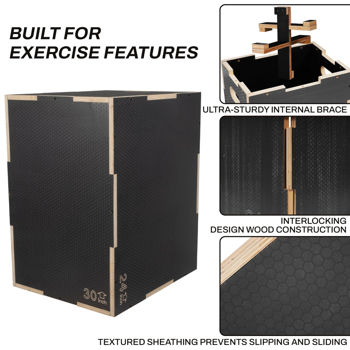 Signature Fitness 3 in 1 Non-Slip Wooden Plyo Box Plyometric Box Jumping Exercise, 20x24x30 Inches, Gray