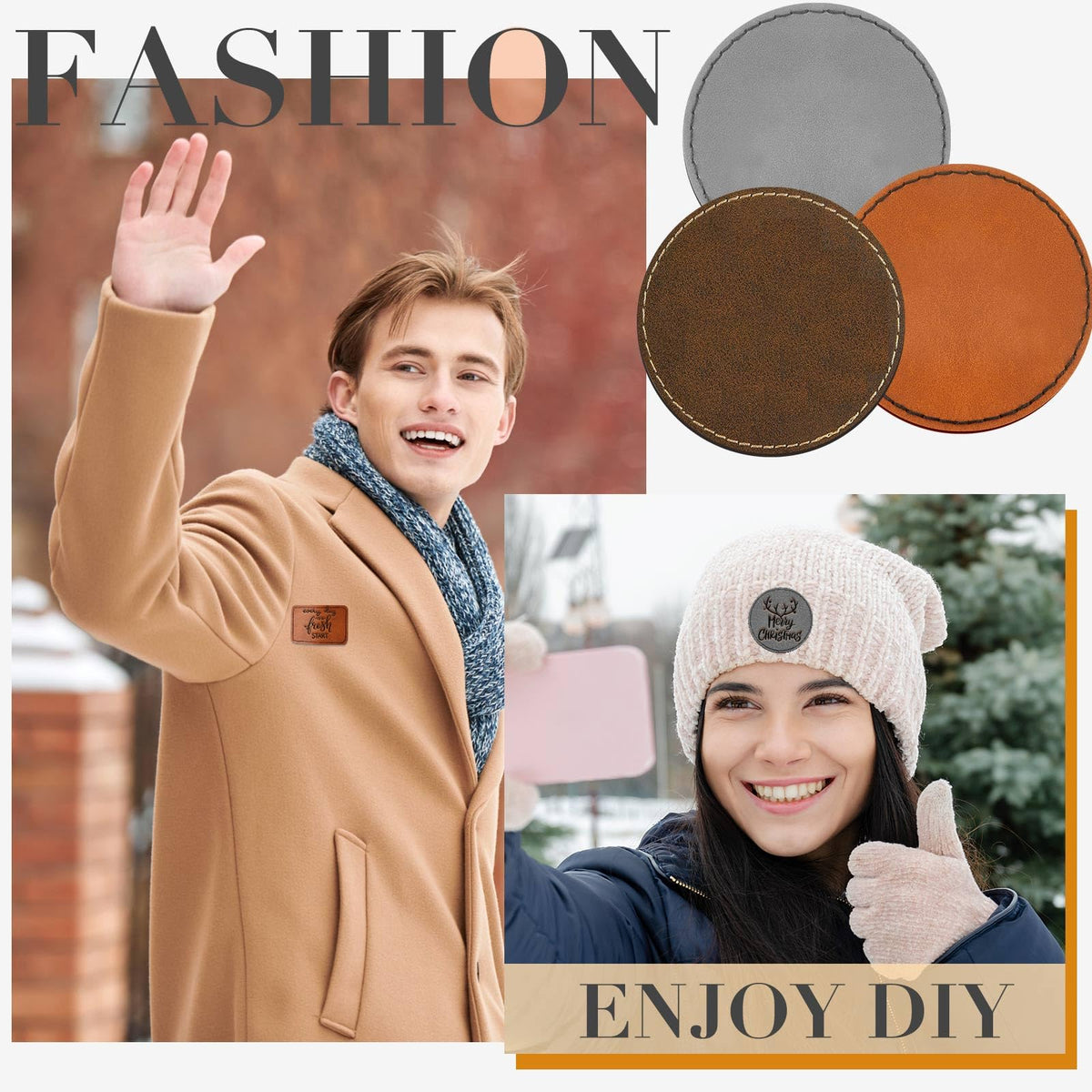 Dunzy 60 Pcs Blank Leatherette Hat Patches Laserable Leatherette Patch Iron on Heat Press with Adhesive Leather Patches for Hats Clothes Repair(Khaki, Golden Brown, Gray,3.5 x 2.5 Inches)