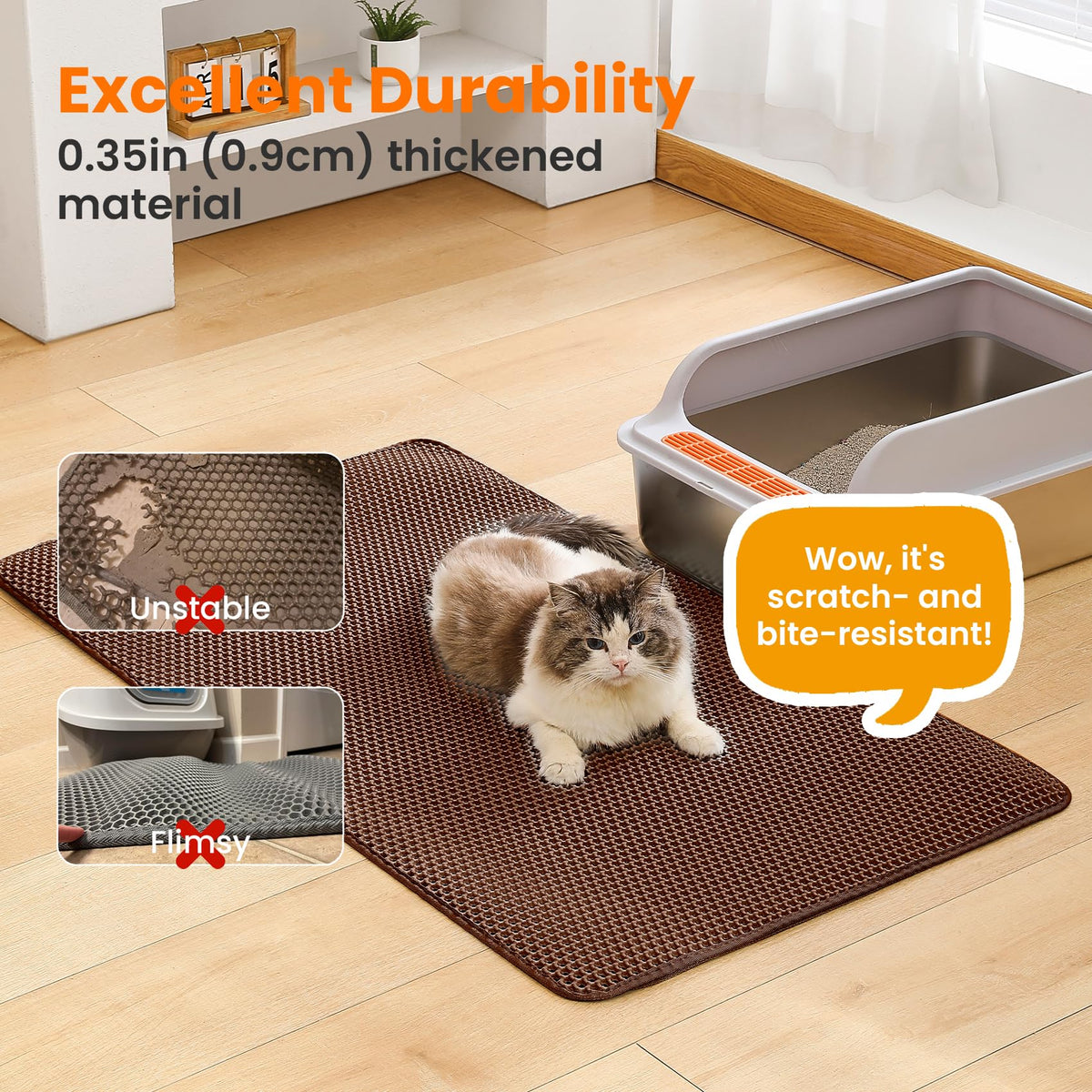 Petinstinct Jumbo Cat Litter Mat, 46x26 Inches Double Layer Honeycomb Litter Trapping Mat, Non Slip Waterproof Urine Proof Extra Large Cat Litter Box Mat, Kitten Supplies and Essentials, XXL, Brown