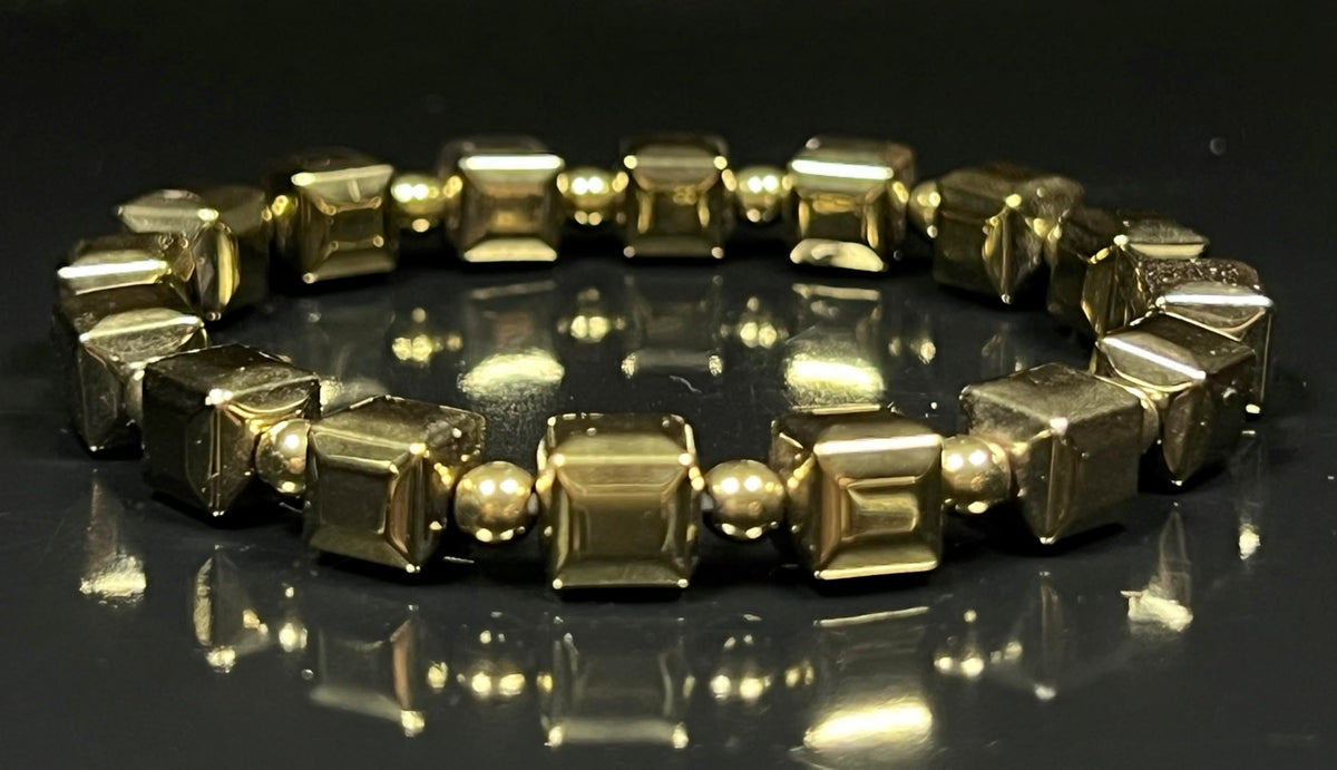 AWAKEN YOUR KUNDALINI Handmade Pyrite Stretch Bracelet – 8mm Cube and Round Beads – Leo Birthstone – Solar Plexus Chakra – Approx. 7 Inch Wrist Size
