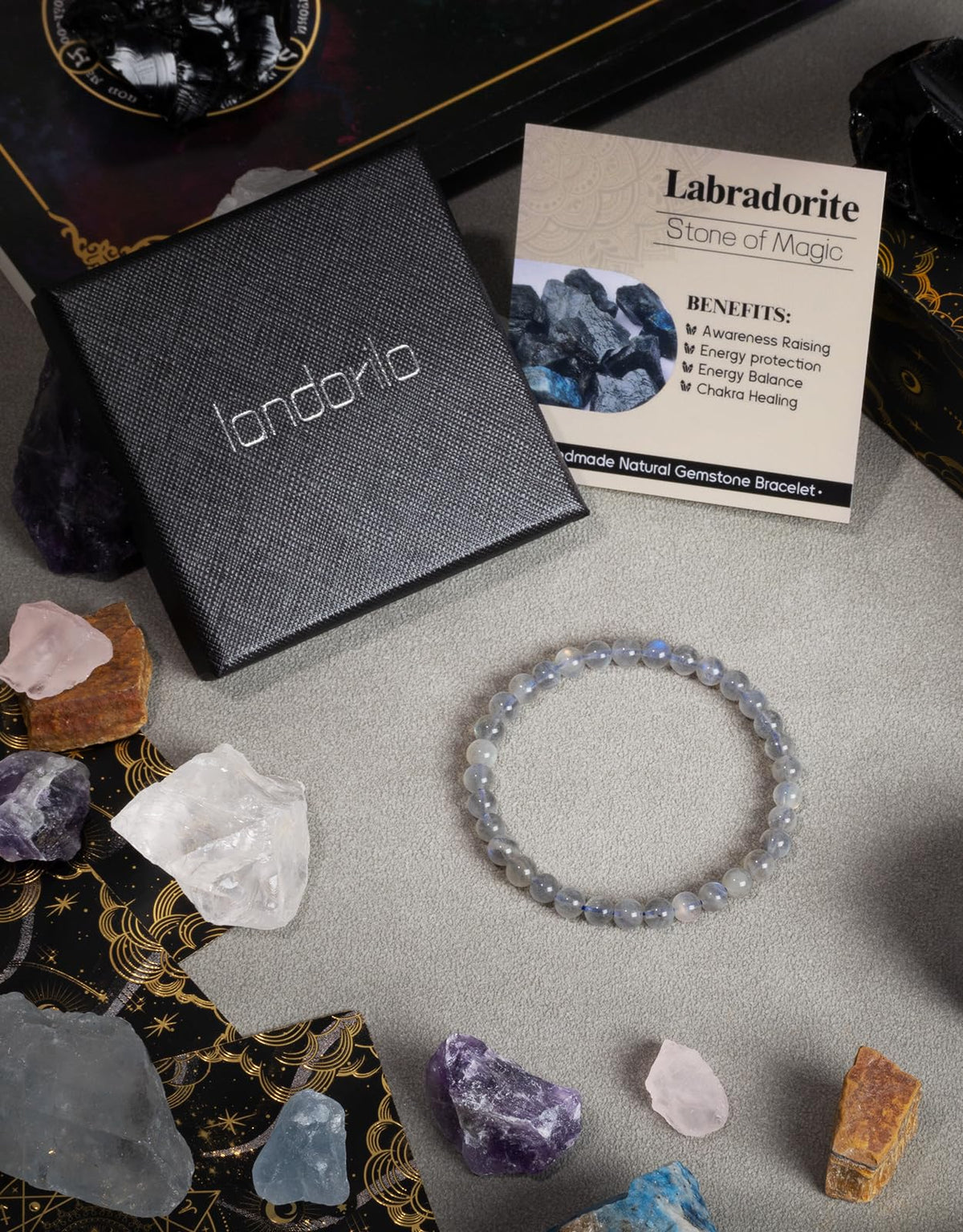 Landorilo Beaded Bracelet for Men Women, 6mm Natural Stone Labradorite Healing Crystal Stretch Bracelets, Ideal Christmas Birthday Jewelry Gifts with Energy Card，Replacement Beads Included