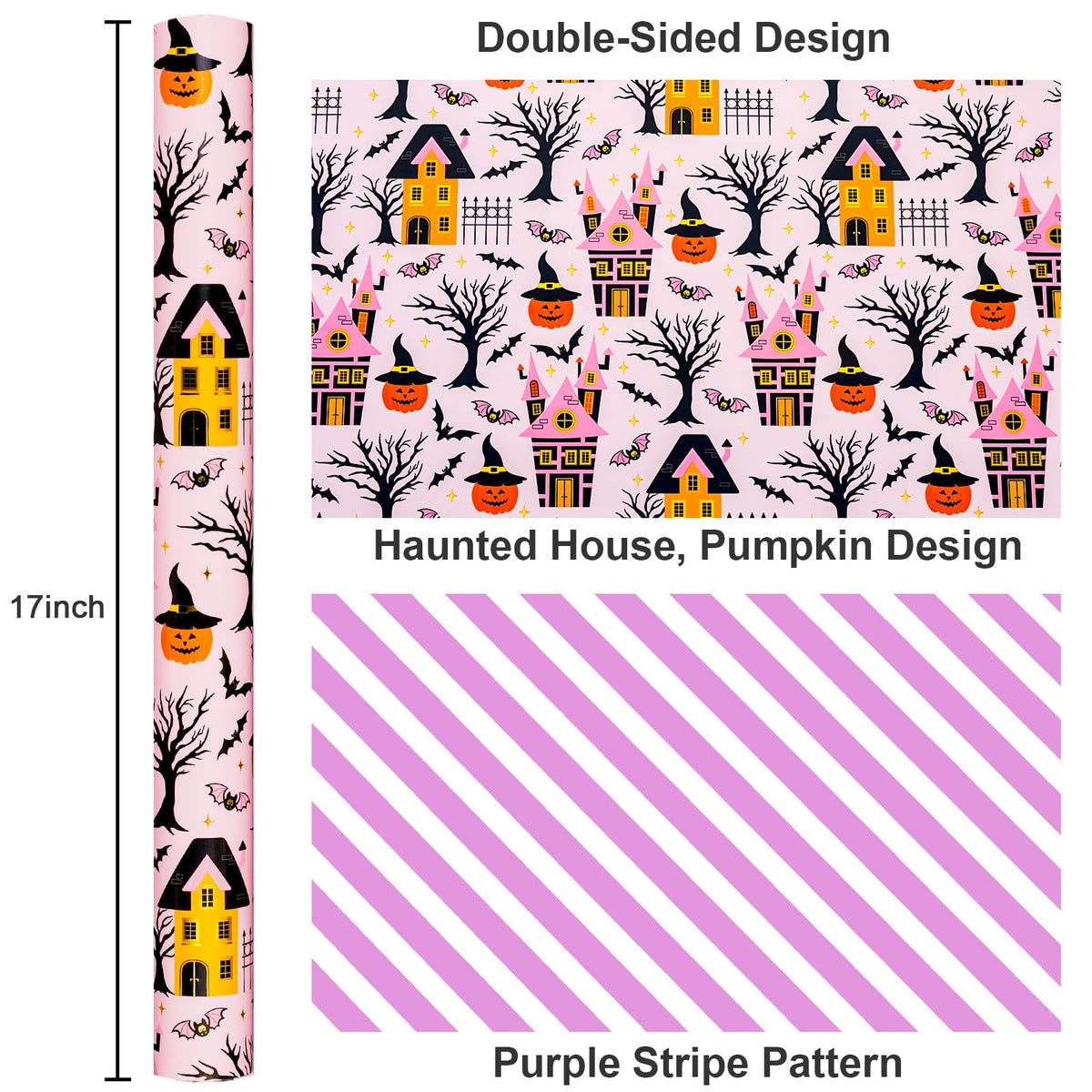 MAYPLUSS Halloween Wrapping Paper Roll, Vintage Haunted Mansion Wrapping Paper, Pink Haunted House, Pumpkin & Bat Design Halloween Day Gift Wrap for October,Holiday,Christmas Nightmare (17In X 33Ft)