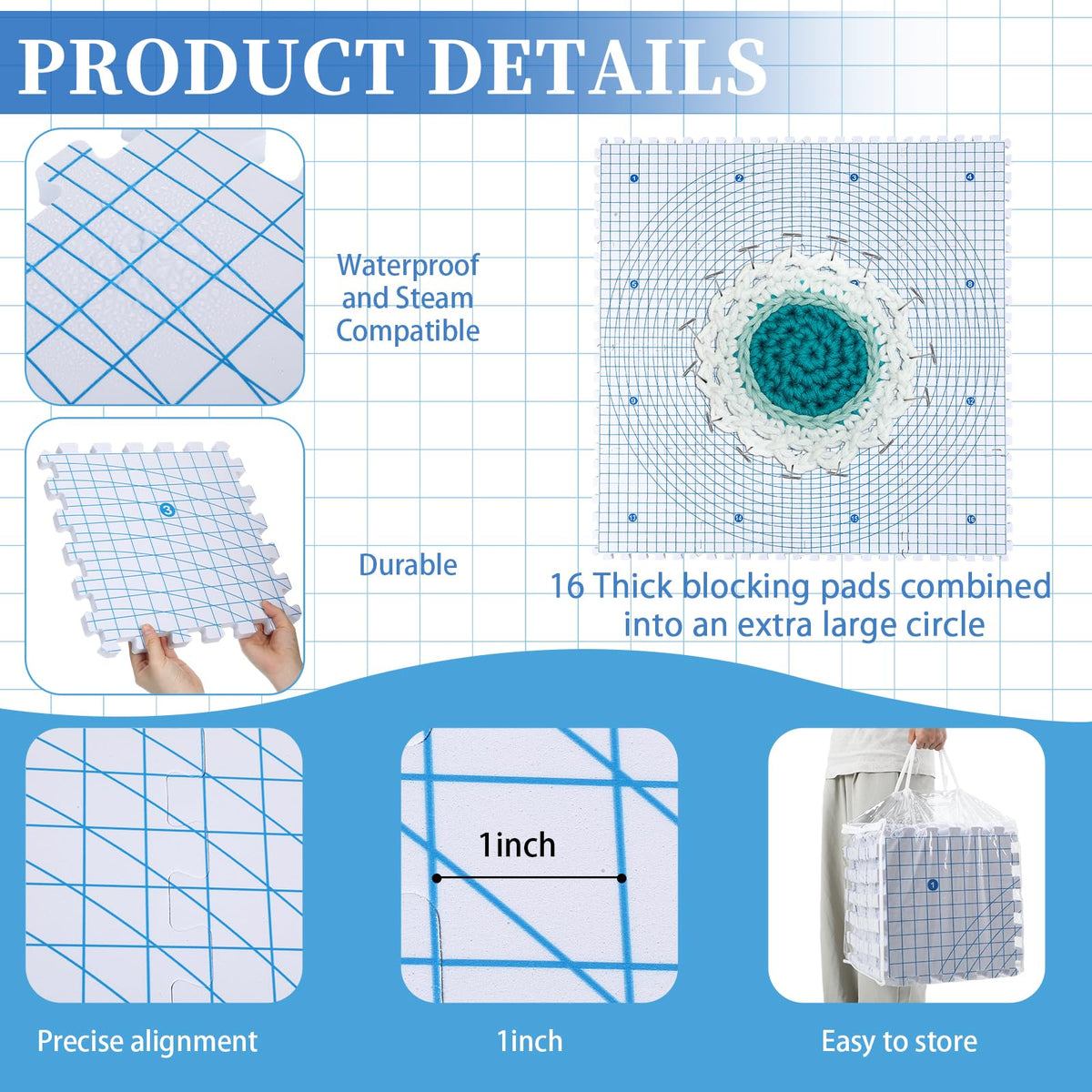 Threehoney 16 Pcs Thick Blocking Mats for Knitting Interlocking Blocking Boards with Grids, 250 T Pins and Storage Bag for Needlework Needlepoint Crocheting Supplies
