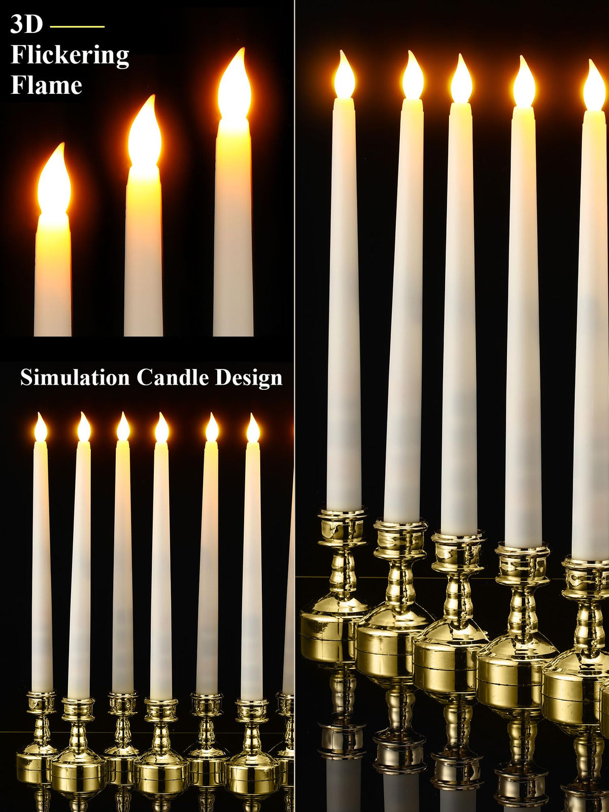 VIHOSE 24 Pcs Flameless Taper Candles with Holders Remote Timer Battery Operated Candles Bulk LED Candlesticks Flickering for Valentines Wedding Home Window Carnival Party Decor(Gold,Classic Style)