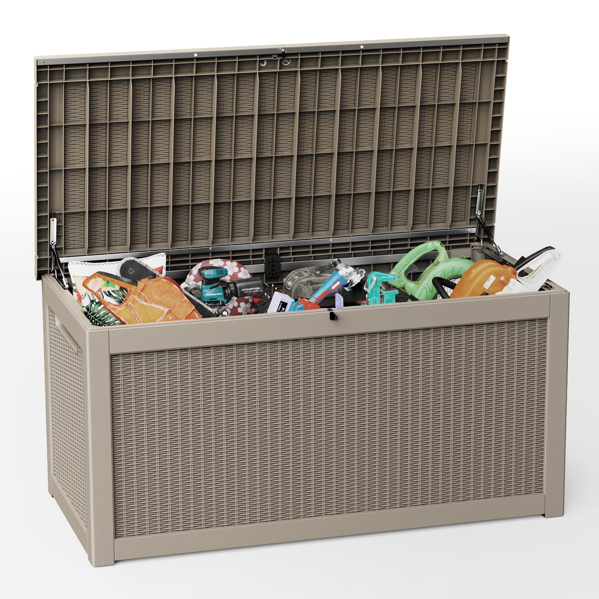 Trygoal 260 Gallon Deck Box, Waterproof Resin Outdoor Storage Box Lockable for Patio Furniture, Fade Resistant Patio Side Table & Organizer for Garden Tools, Pool Float, Outdoor Cushions, Light Coffee