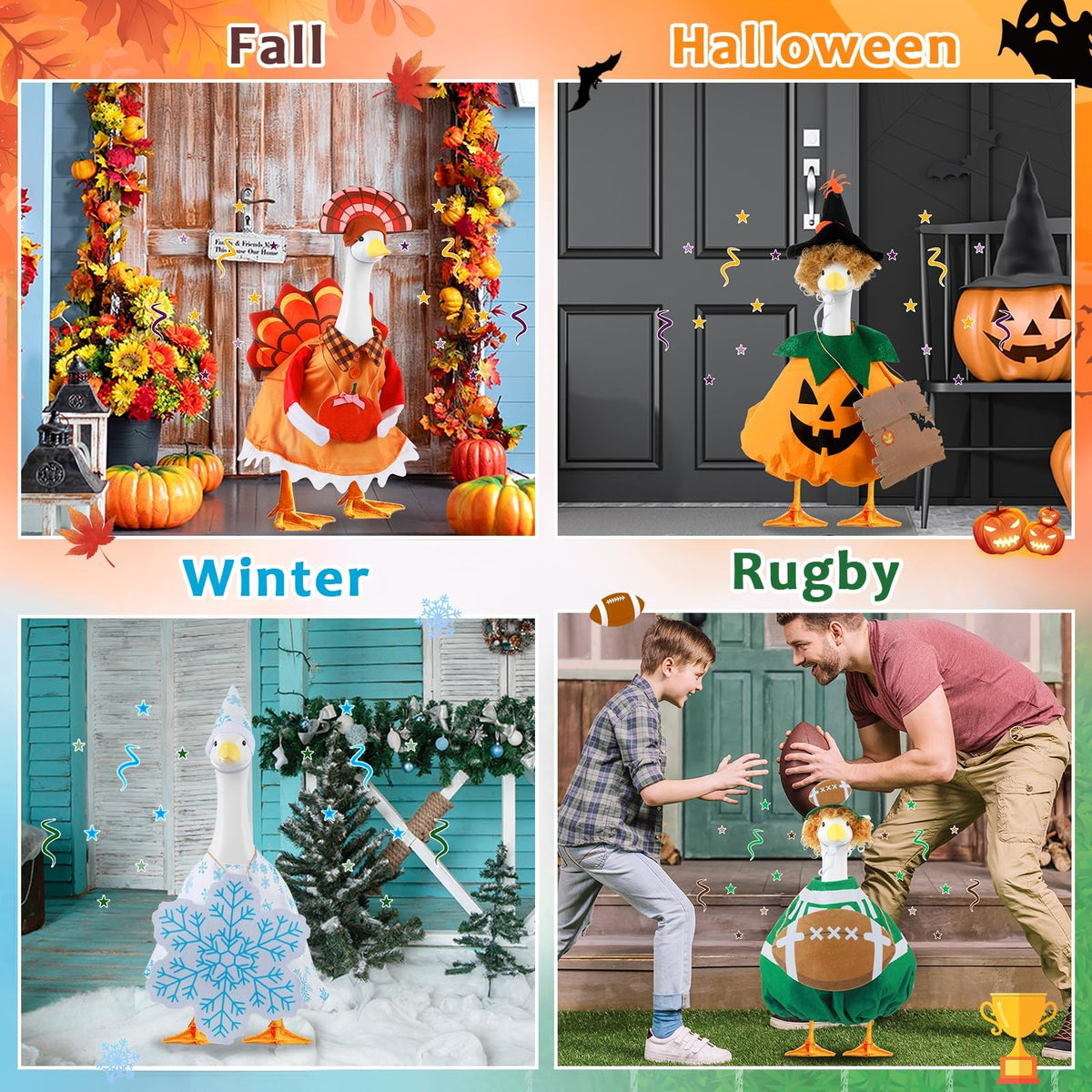6 Set Seasonal Holiday Porch Goose Outfits Hanging Decor All Seasons Winter Christmas Football Goose Costume Fit for 23" Geese Statue Thanksgiving Halloween Outdoor Yard Garden Patio Lawn Art Decor