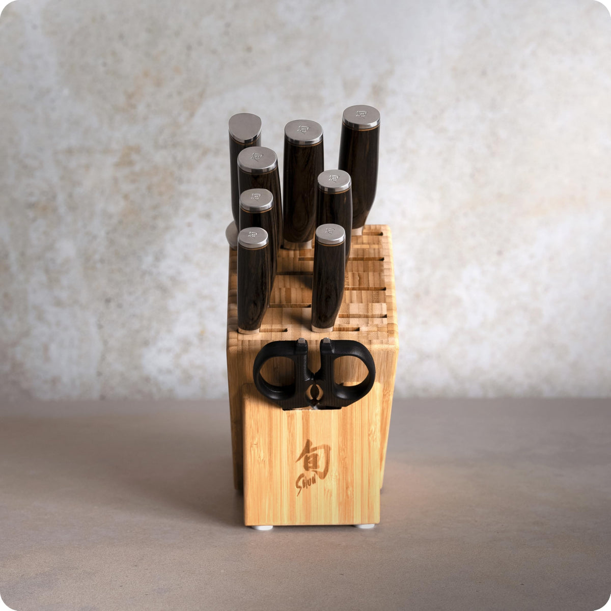 Shun Premier 10 Piece Block Set, Includes 8" Chef, 4" Paring, 5.5" Nakiri, 7” Santoku Knife, Honing Steel & More, Handcrafted Japanese Knife Set, Damascus Stainless Steel Cladding, Pakkawood Handles