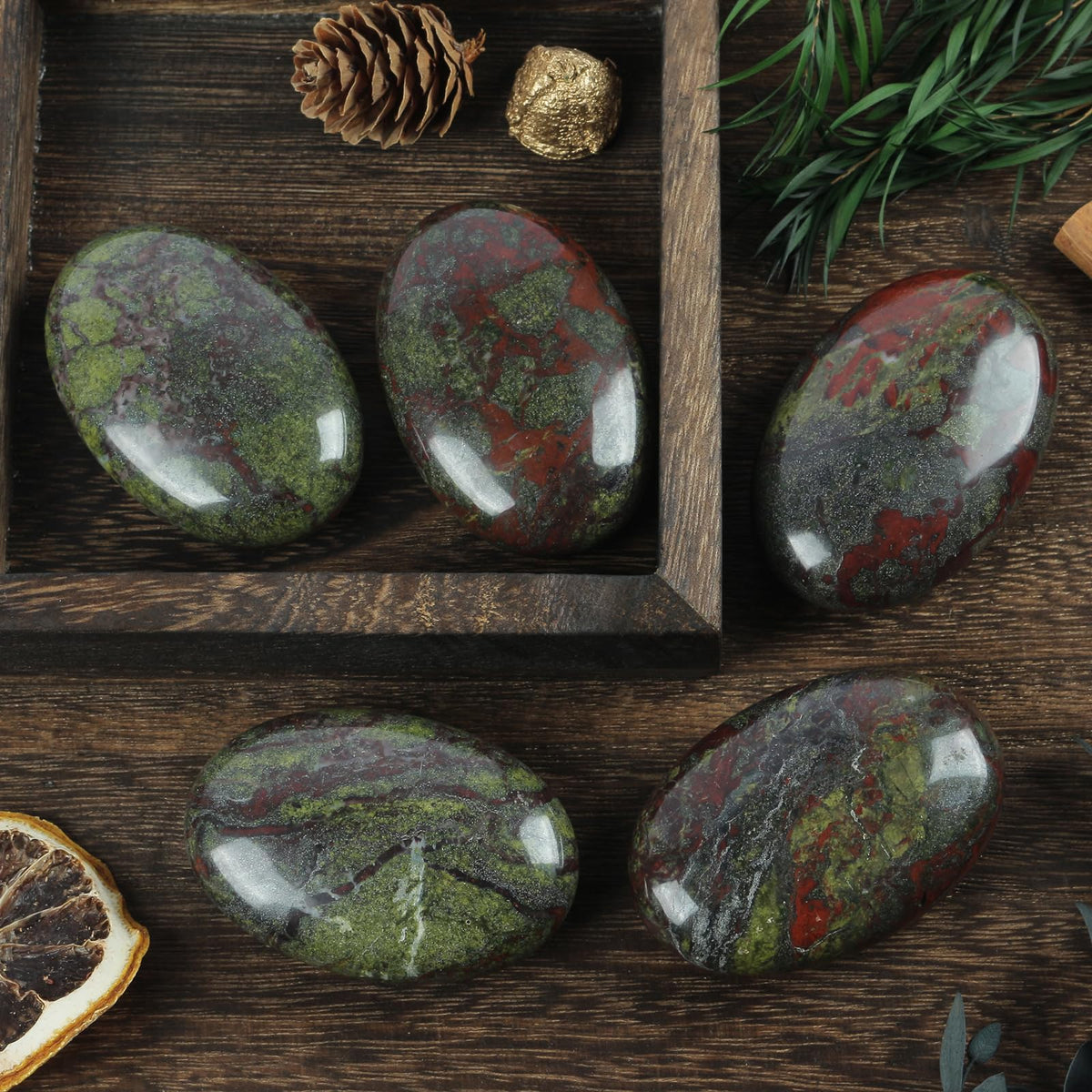 Loveliome Natural Dragon Bloodstone Oval Polished Worry Stones, Healing Crystal Indoor Fountain Stones Massage Energy Anxiety Relief Items