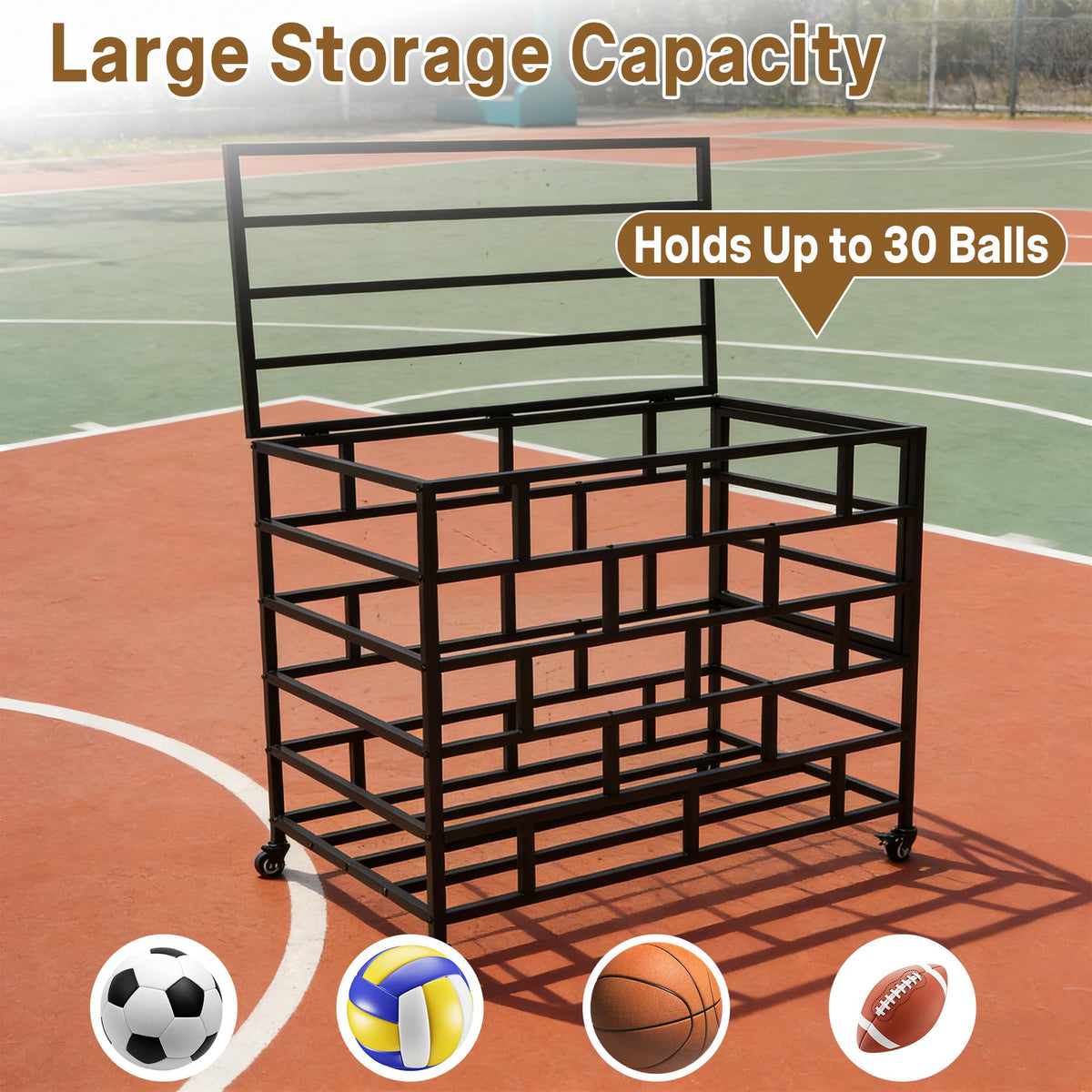 veonly Ball Storage Cart, Lockable Rolling Basketball Storage Bin & Organizer with Wheels, Secure Sports Exercise Ball Cart Holder for Gym, School, Club, Indoor Outdoor Use