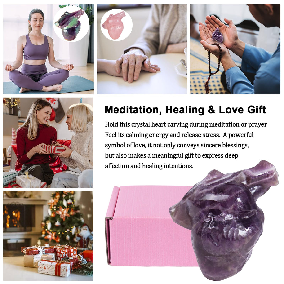 QLRSUXN Amethyst Heart Crystal Figurines, 2.1 Inch Crystal Heart Love Statue for Home Decor, Meditation and Stress Relief, Hand Carved Natural Healing Stone Cardiac Sculpture Spiritual Gift for Women