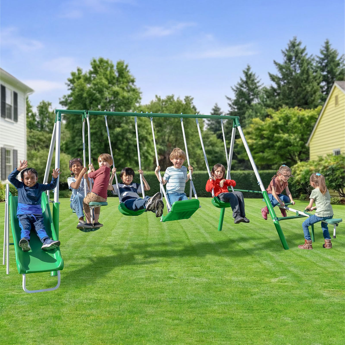 Sportspower Park Ridge Metal Swing Set for Ages 3-8, 2 Swings, Standing Swing, Roman Glider, Teeter Totter, 5ft Slide, 6.1ft Durable Steel Frame, Anchor Kit, 800lbs