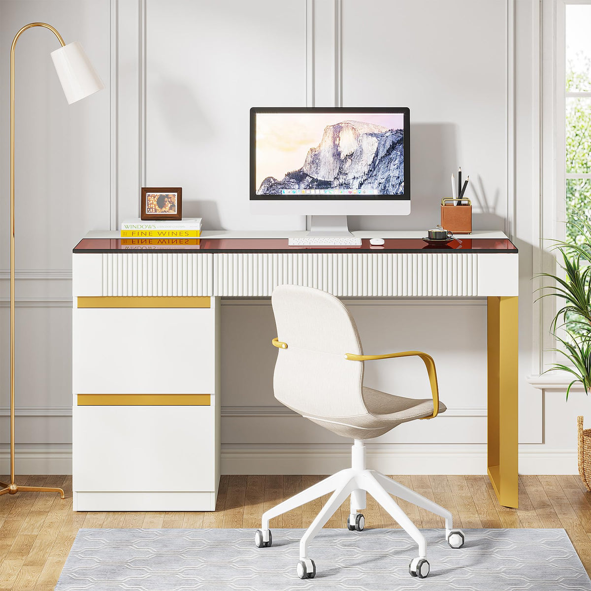 LITTLE TREE Computer Desk with 4 Drawers, 47 Inch Modern Home Office Desk with Glass Top, White and Gold Writing Workstation Desk with Storage