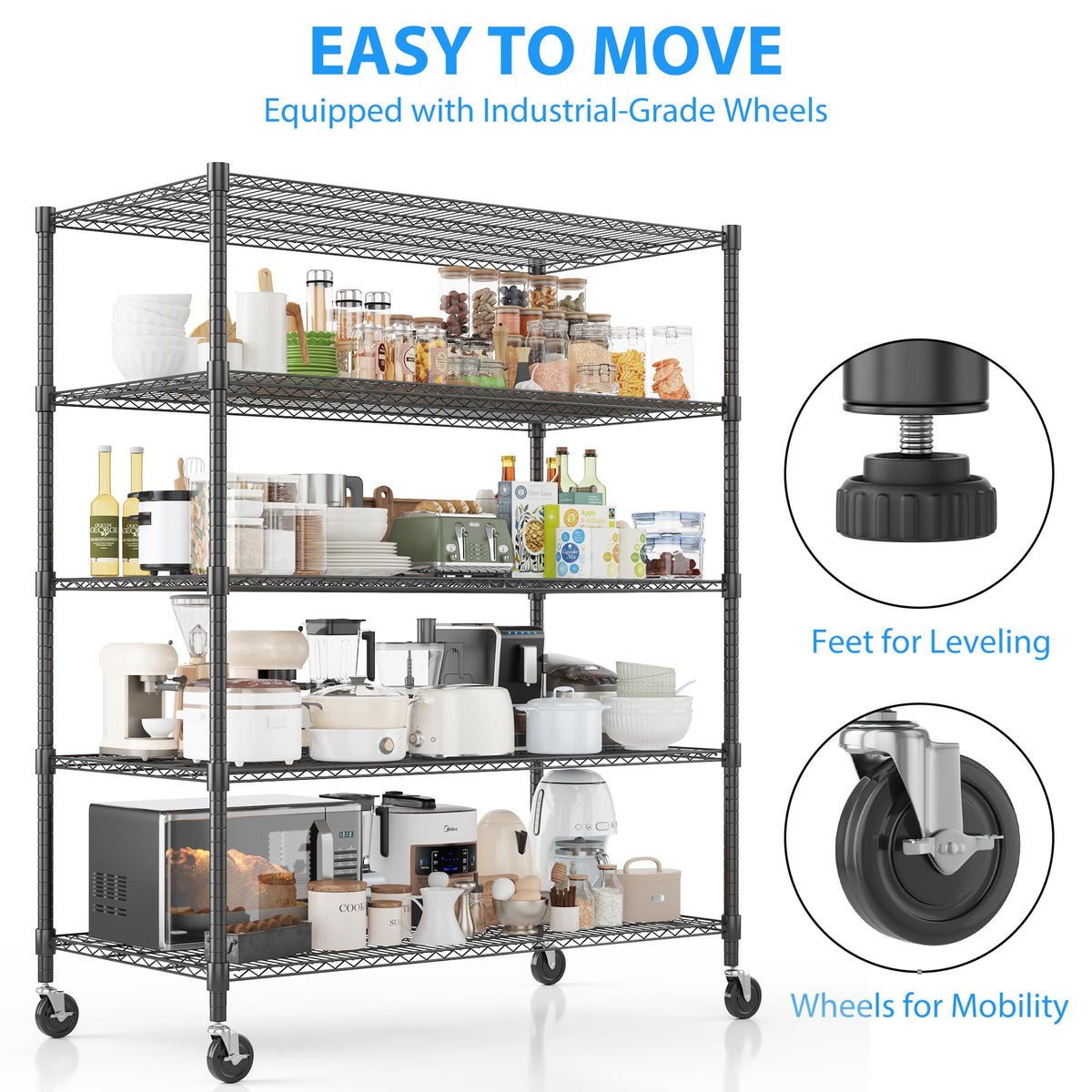 Homdox Heavy Duty Storage Shelves, 5 Tier Wire Shelving Unit with Wheels, Commercial Adjustable Metal Shelves for Storage, Garage Rack Pantry Shelves Kitchen Shelving, 24"x60"x82", Black