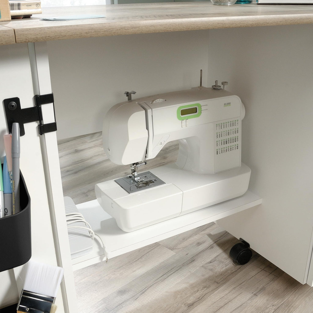 Sauder Miscellaneous Storage Sewing Cart, Drop-Leaf Craft Table, Sewing Table with Storage - Soft White Finish