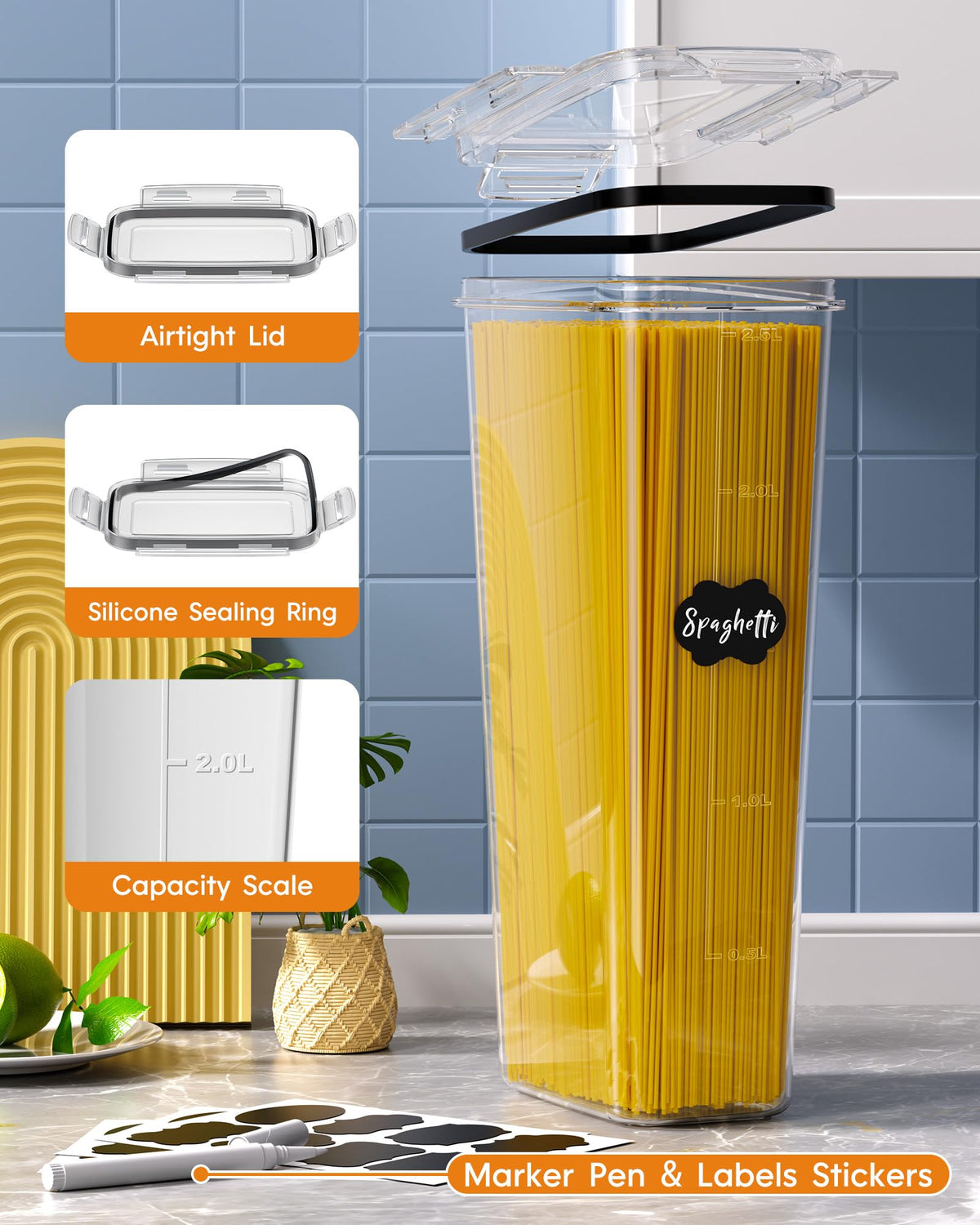 Airtight Food Storage Containers with Lids, 24 PCS Kitchen and Pantry Organization Canisters, BPA-Free, PVC-Free, Food-grade Plastic Leak-proof Jars for Cereal, Flour, Sugar, Extra 24 Labels & Marker