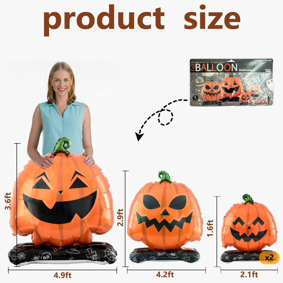 Eanjia Halloween Pumpkin Balloon Set of 4 – Giant Standing Jack-O’-Lantern Mylar Foil Balloons (3.3ft to 1.6ft) for Indoor Party Decorations, Summerween Decor, Trick or Treat Props