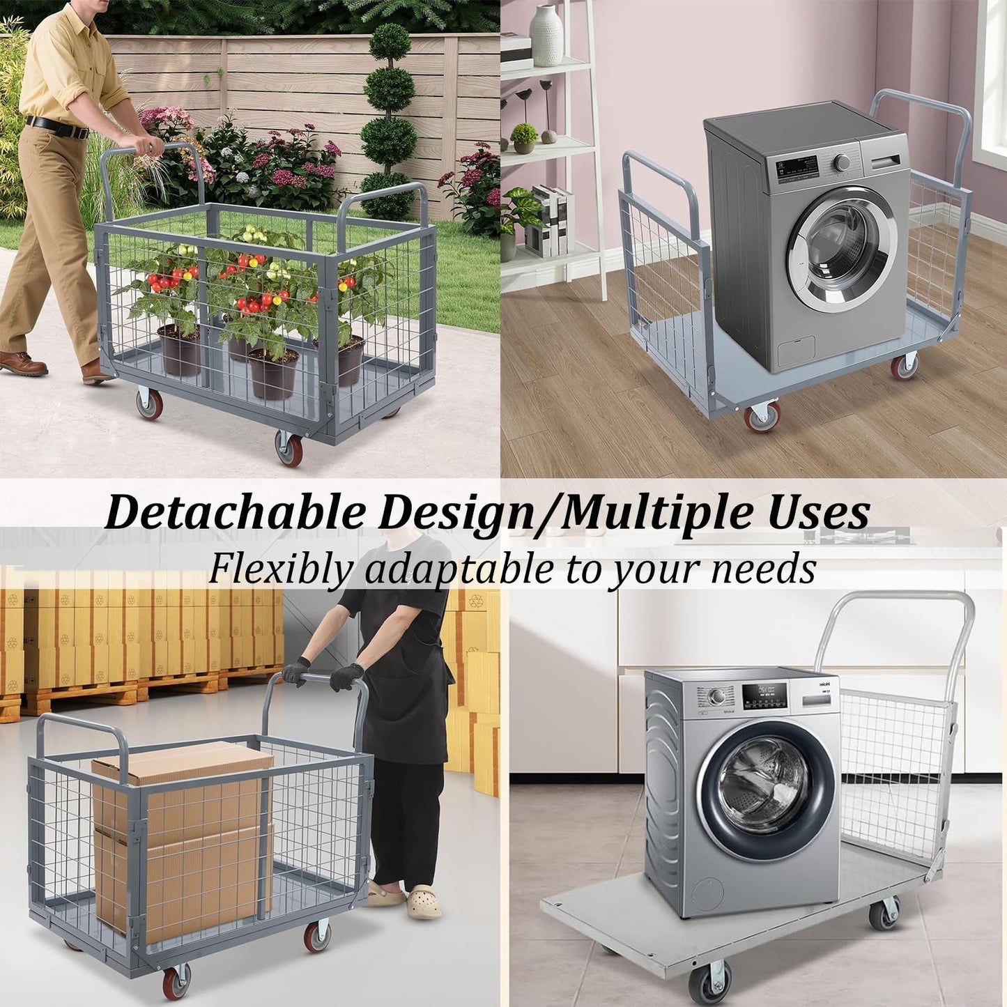Foldable Platform Hand Truck Cart with Cage, 2000 LBS Heavy Duty Capacity, Multi-Functional Push Cart for Supermarkets and Warehouse Transport