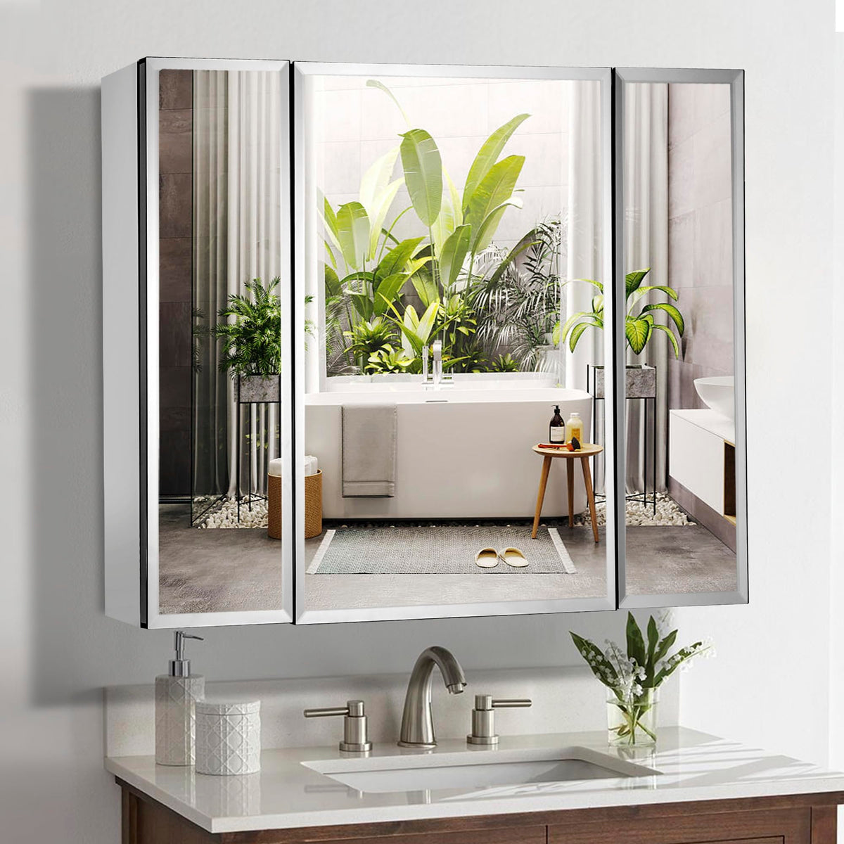 Movo Double Doors Medicine Cabinet with Mirror, 36 inch X 26 inch Aluminum Bathroom Medicine Cabinet, Adjustable Glass Shelves, Waterproof and Rust-Resist, Recess or Surface Mount Installation,Silver