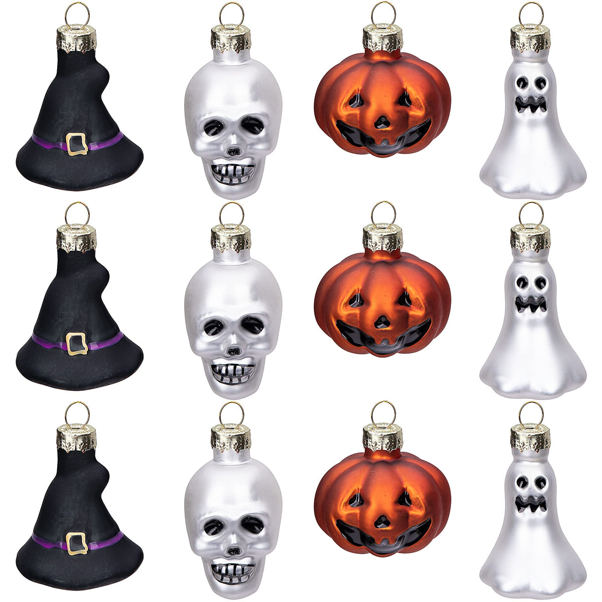 Watayo 12 PCS Halloween Glass Ornaments, Halloween Decorations Glass Blown Ornaments with Pumpkin Ghost Skull Witch Hat for Haunted House Party Christmas Tree Home Decoration