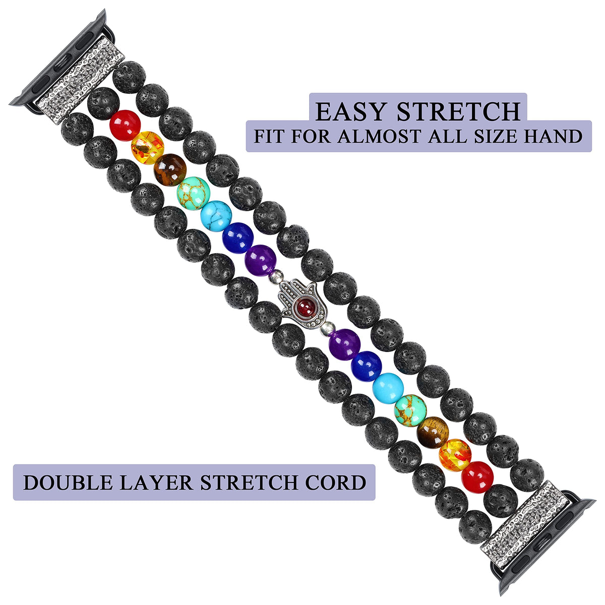 Chakra Healing Bracelet Lava Rock Protection Hamsa Hand Beaded Band Compatible with Apple Watch 10 9 8 7 SE 6 5 4 3 iwatch 38mm 40mm 42mm 44mm with Stainless Steel Adapter