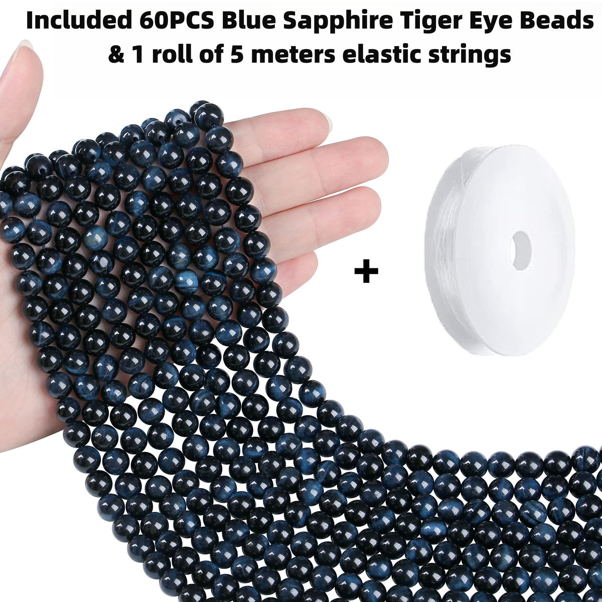 QINJIEJIE 60PCS Blue Sapphire Tiger Eye Beads 8mm Stone Beads Round Loose Gemstone Bead for Bracelet Beading Crystal Jewelry Making DIY Necklace Earrings 0.32"