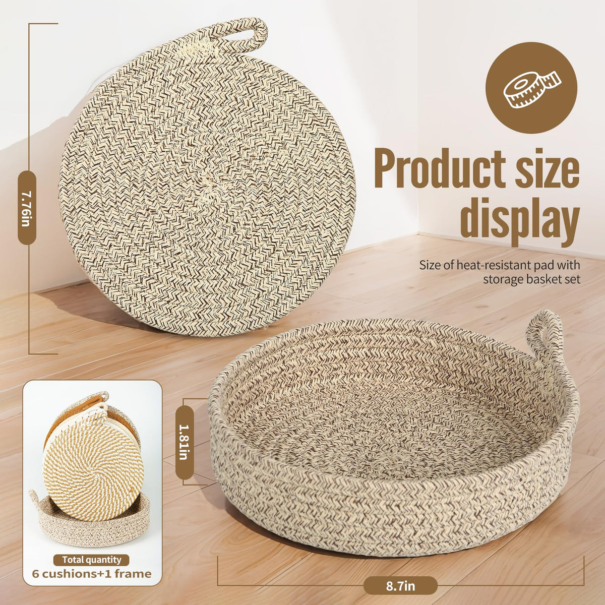 Hot Pads for Kitchen & Quartz Countertops – 6-Pack 8-Inch Cotton Trivets for Hot Dishes, Pots and Pans, Machine Washable Farmhouse Kitchen Decor with Storage Basket