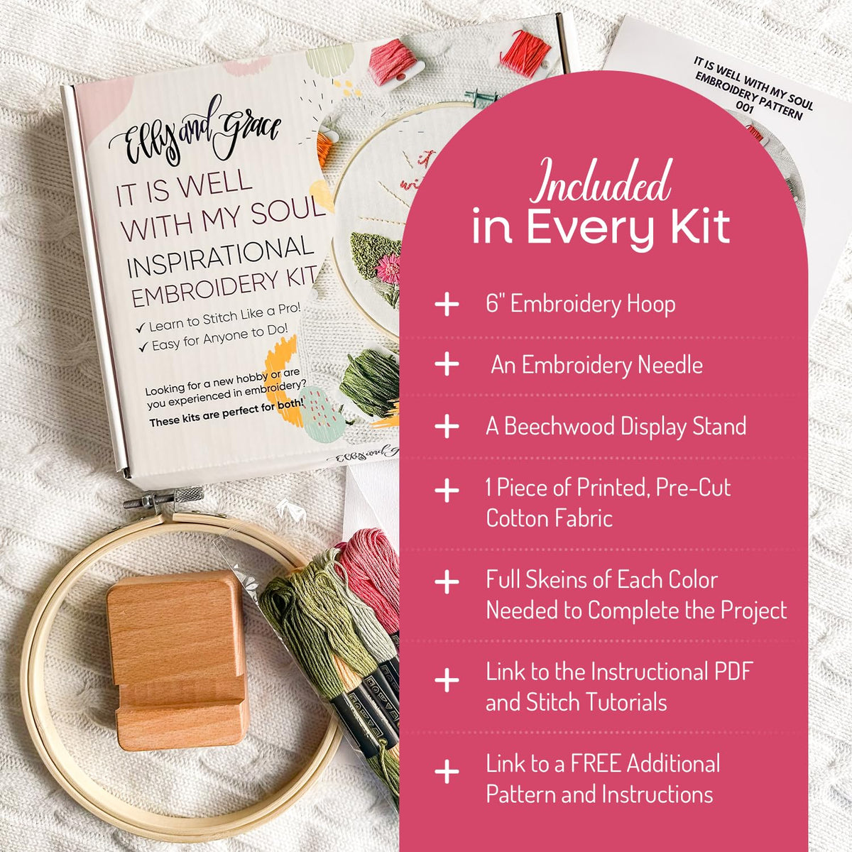 Elly & Grace Christian Embroidery Kit with Embroidery Hoop, Easy Embroidery Kit for Beginners and Adults, Full Embroidery Hoop Kit with Needles and Thread Included (It is Well)