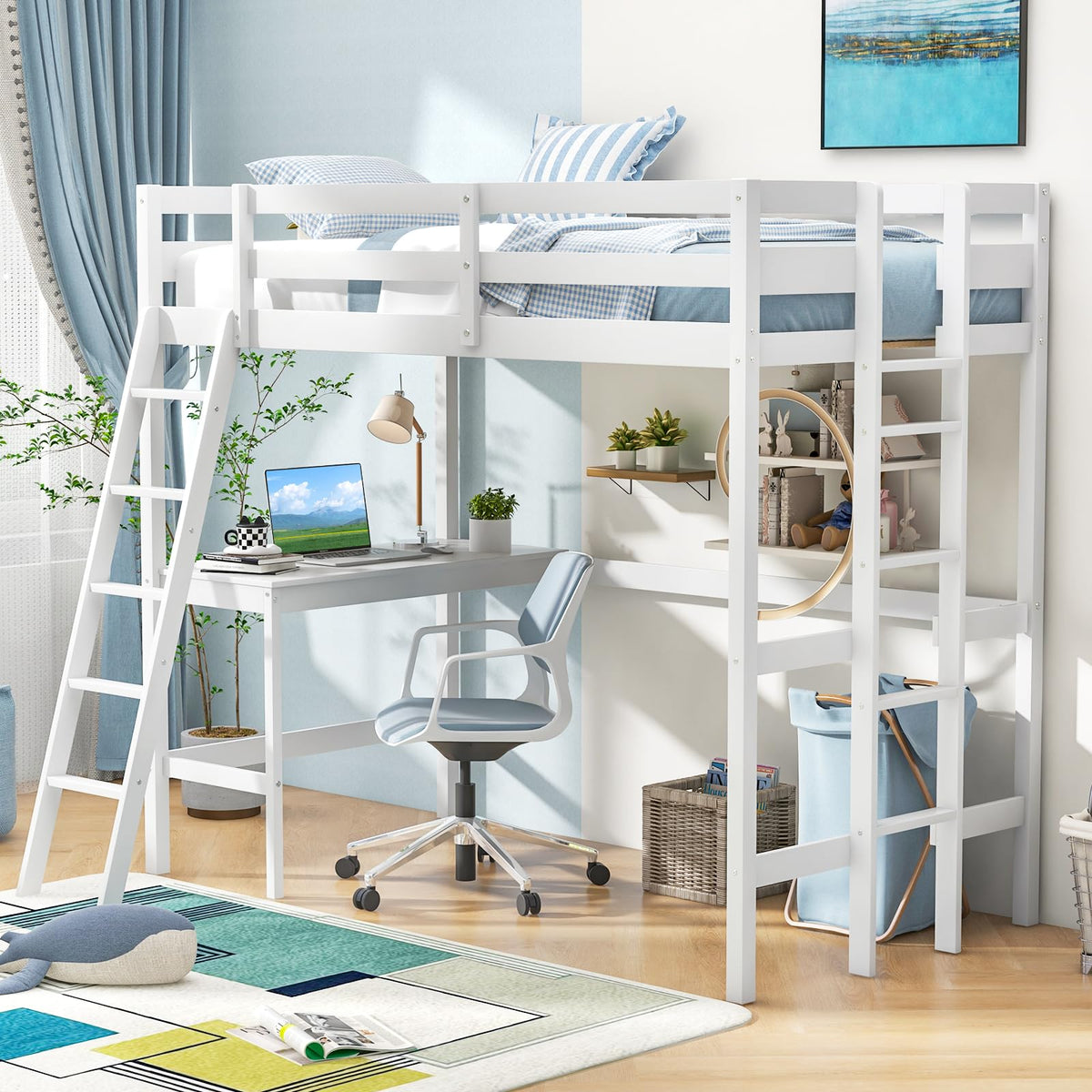 KOMFOTT Twin Loft Bed with Desk, Solid Wood Twin Bed Frame with 2 Ladders, Safety Guardrail for Teenagers, Space-Saving Loft Bed with Wooden Slats Support, No Box Spring Needed (White)