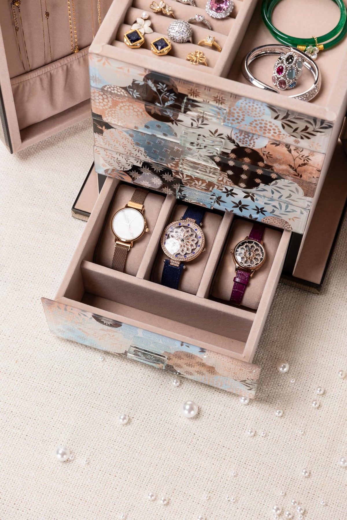 Homruilink High End Glass Jewelry Box, 5 Layer Jewelry Organizer for Women, Side Doors & Mirror, Velvet-Lined Storage for Rings & Necklaces, Ideal Gift (Geometric Floral)