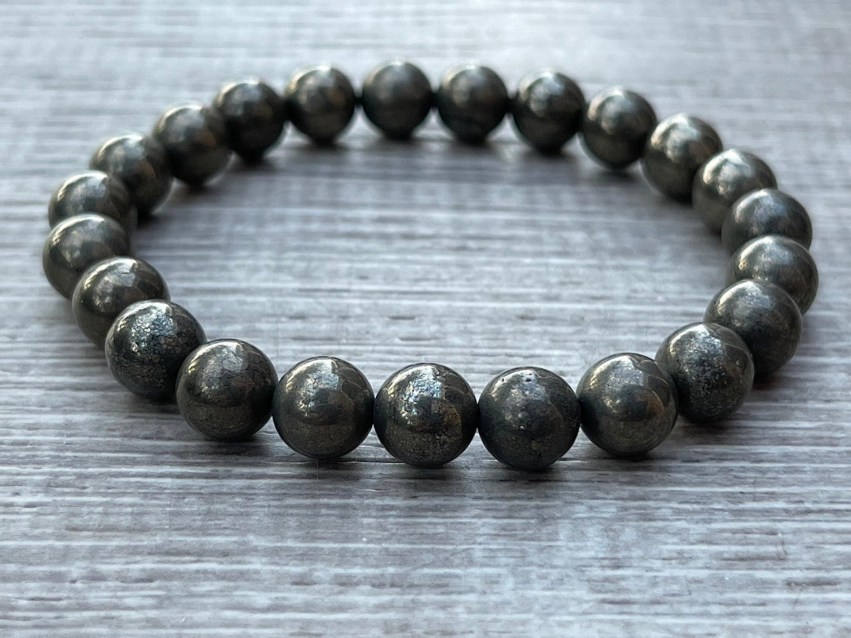 GAF TREASURES Pyrite Crystal Bead Bracelet 8mm, Genuine Pyrite Stretch Gemstone Bracelet, Healing Crystal Bracelet, Gift for Men & Women (1)