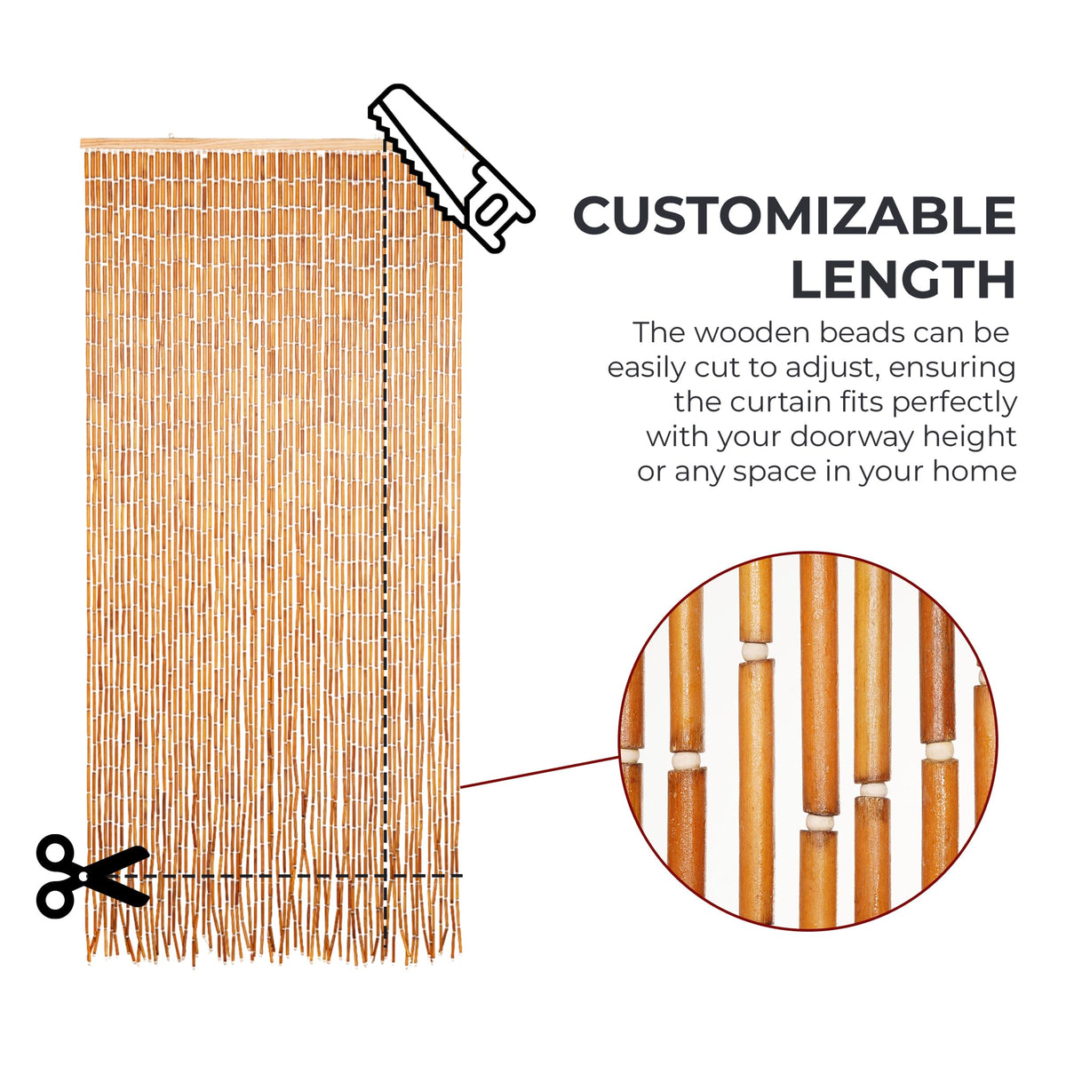 Natural Wooden Beaded Curtain with Solid Wood Beads, Hand-Painted Hanging Door Curtain, Natural Wood Doorway Beads, 36" x 79", 90 Strings, Handmade Wooden Room Divider for Doorways & Windows