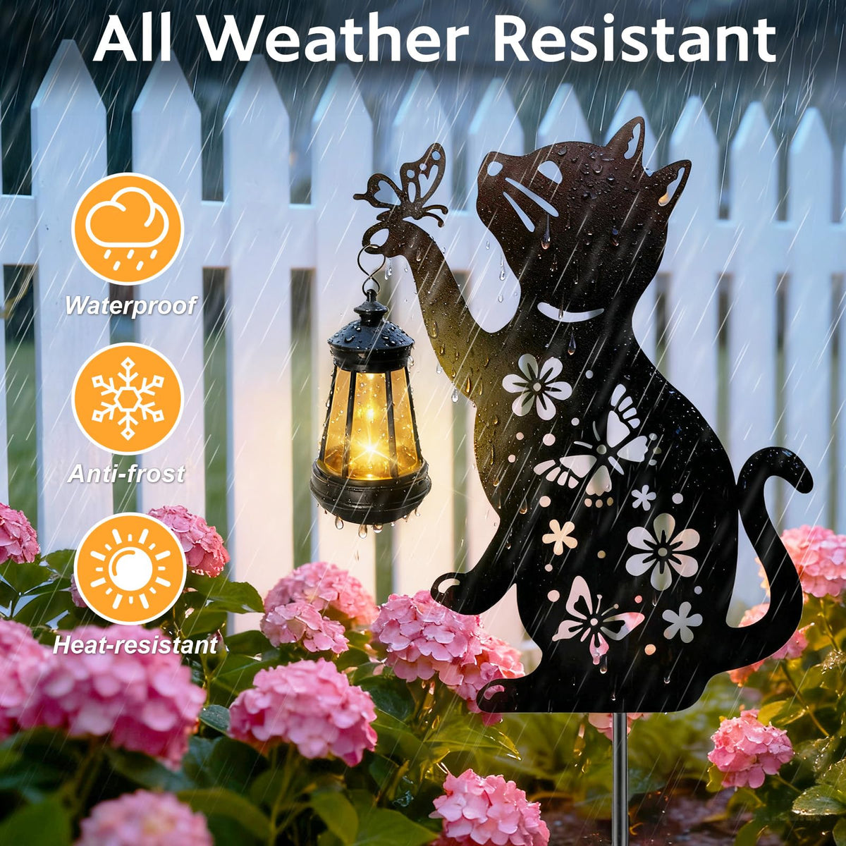 Cat Solar Lights Outdoor, 2 Pack Black Cat Hanging Lantern Waterproof, Cat Lover Gifts for Women Mom Birthday Mother's Day, Metal Garden Statue Yard Decor Patio Pathway Backyard Lawn Ornaments