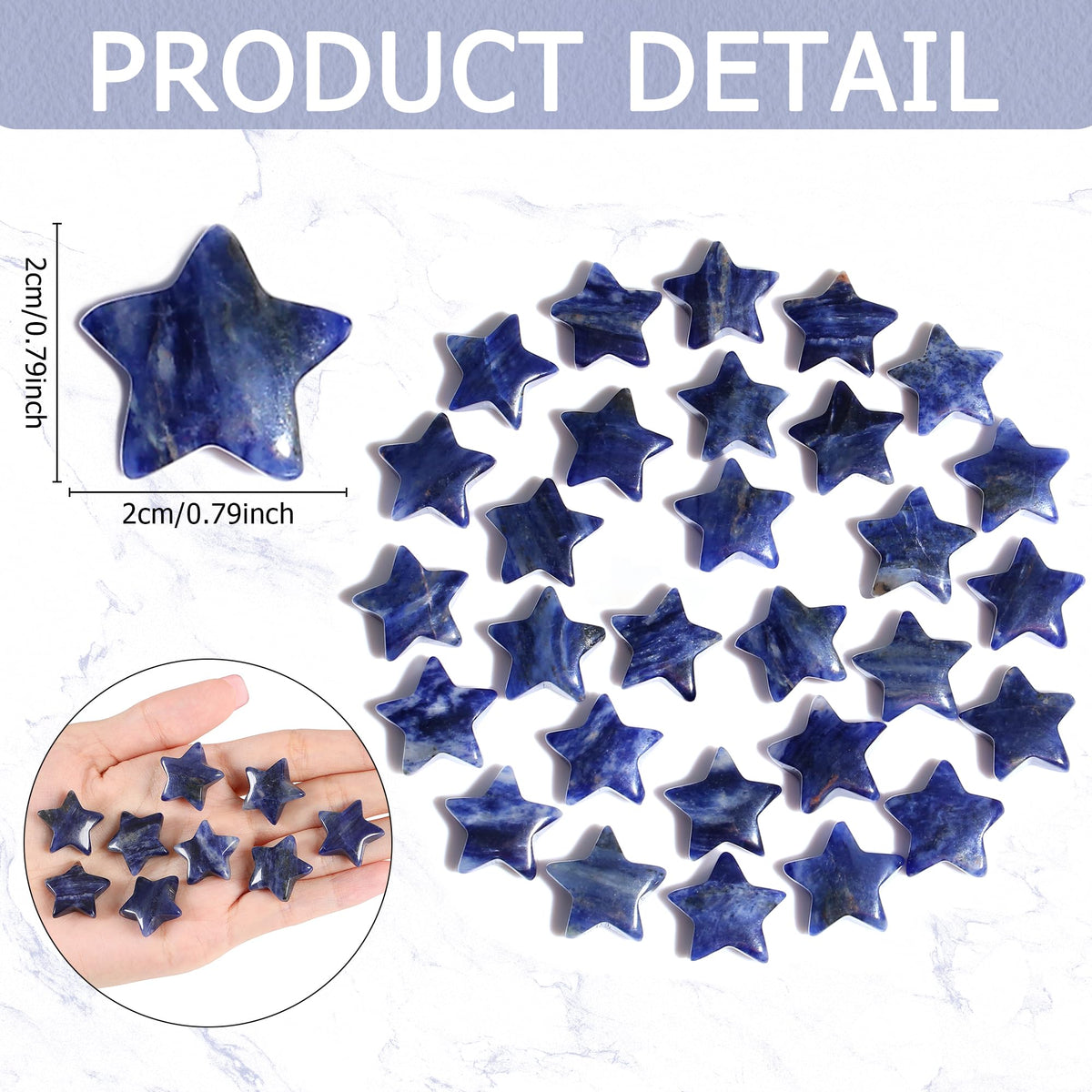 QINJIEJIE 20 PCS Blue Sodalite Star Crystals Healing Stones Mini Crystal Cute Polished Pocket Stone Thumb Star Gemstones Set Bulk Wholesale Reiki Energy Balancing Star Crystal Gifts for Women