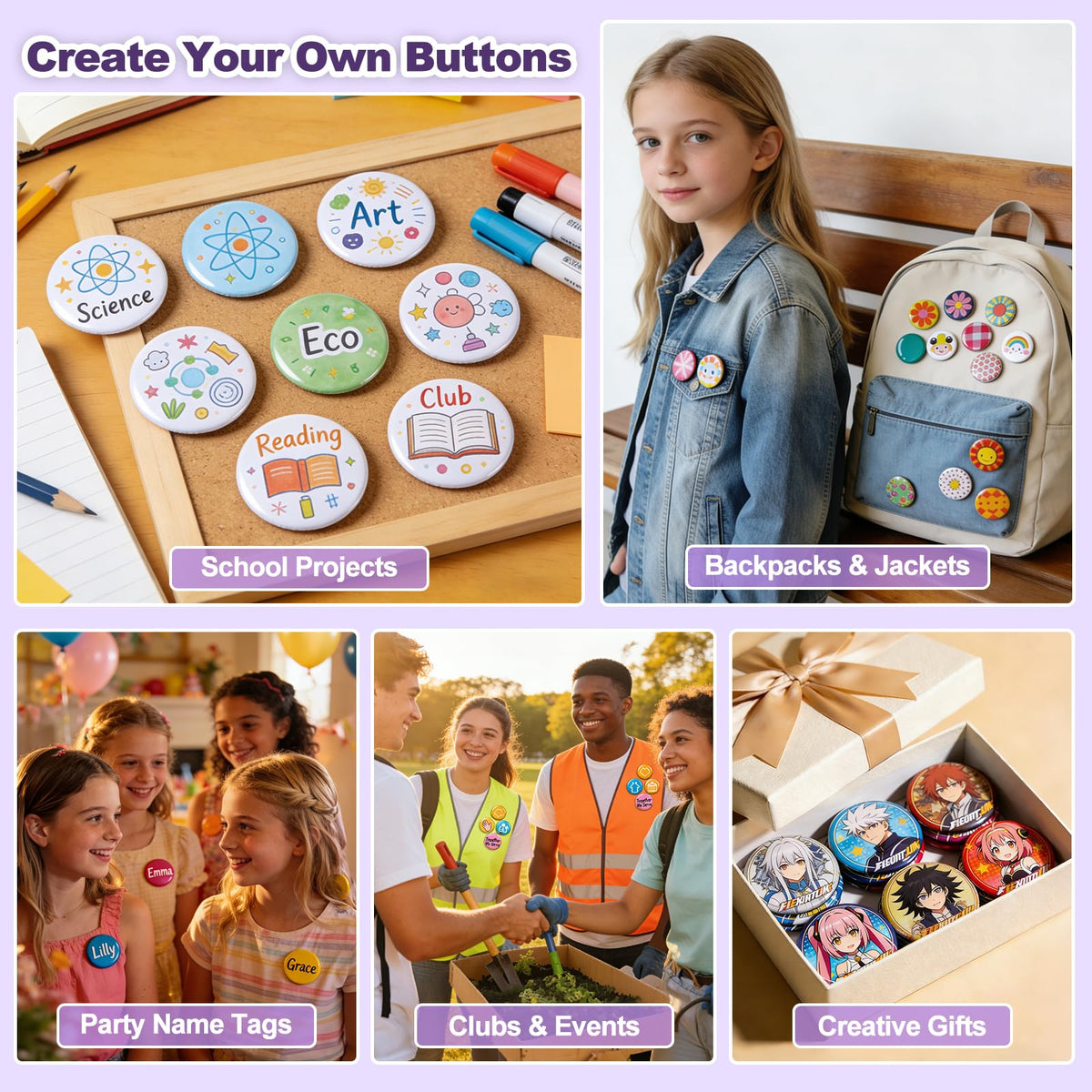 Happizza Button Maker Machine 58mm/2.25in, Pin Maker Machine Kit with 30 Buton Parts, DlY Badge Maker, Purple Button Press Machine, Perfect Beginner Experience Kit, Ideal for School, Parties, Events