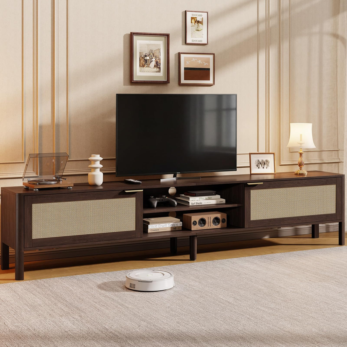 IKALIFE Rattan TV Stand for Living Room - Fits up to 85 Inch TVs, Rattan Media Console Table with Adjustable Shelves & 2 Storage Cabinets, Mid-Century Modern Entertainment Center, Walnut 80"